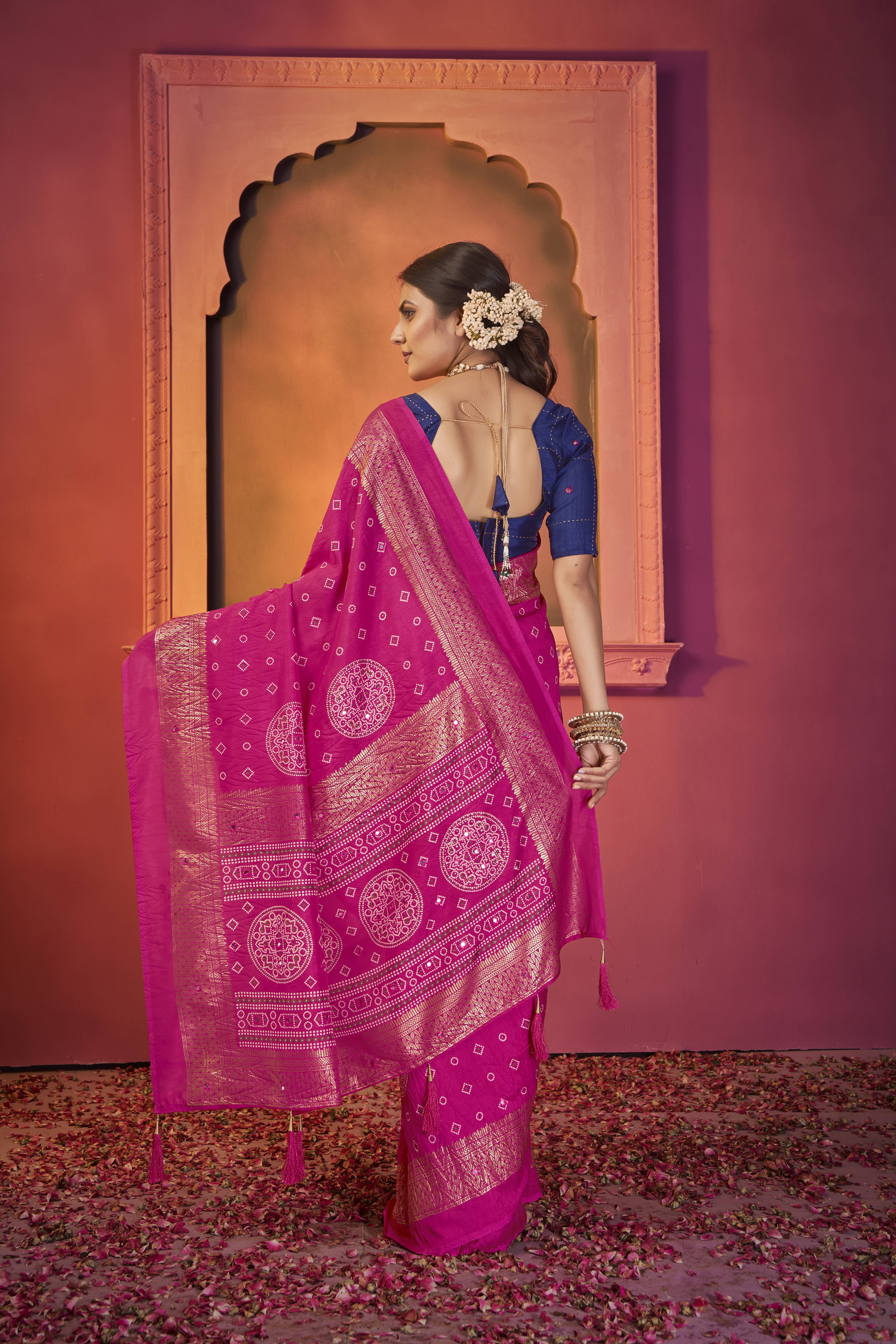 Pink Tussar Silk Crush Bandhani Printed Saree