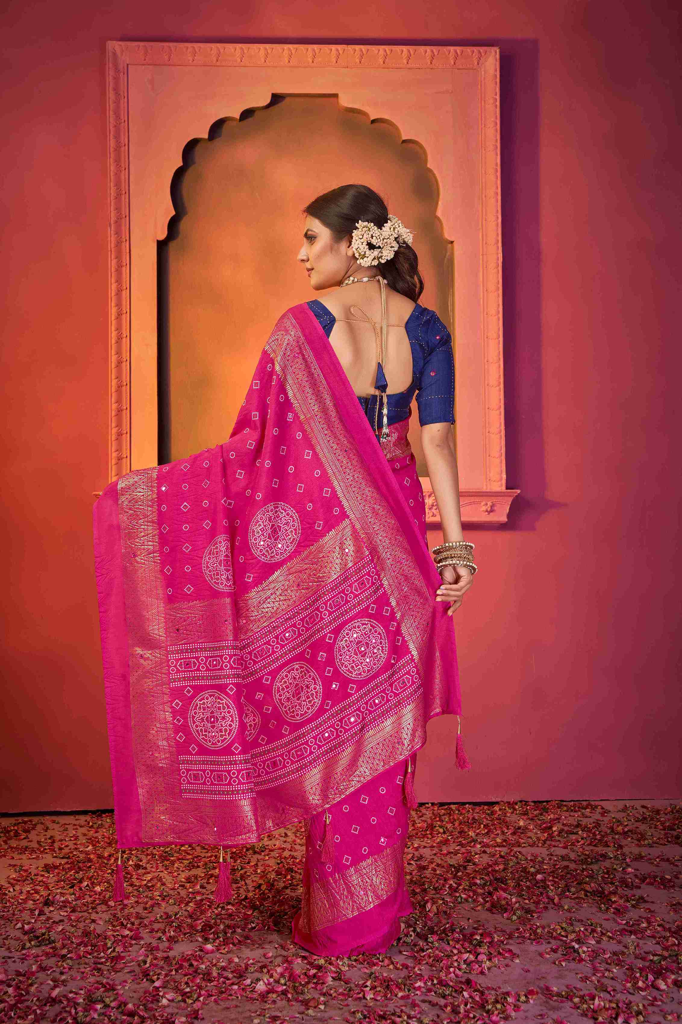 Pink Tussar Silk Crush Bandhani Printed Saree