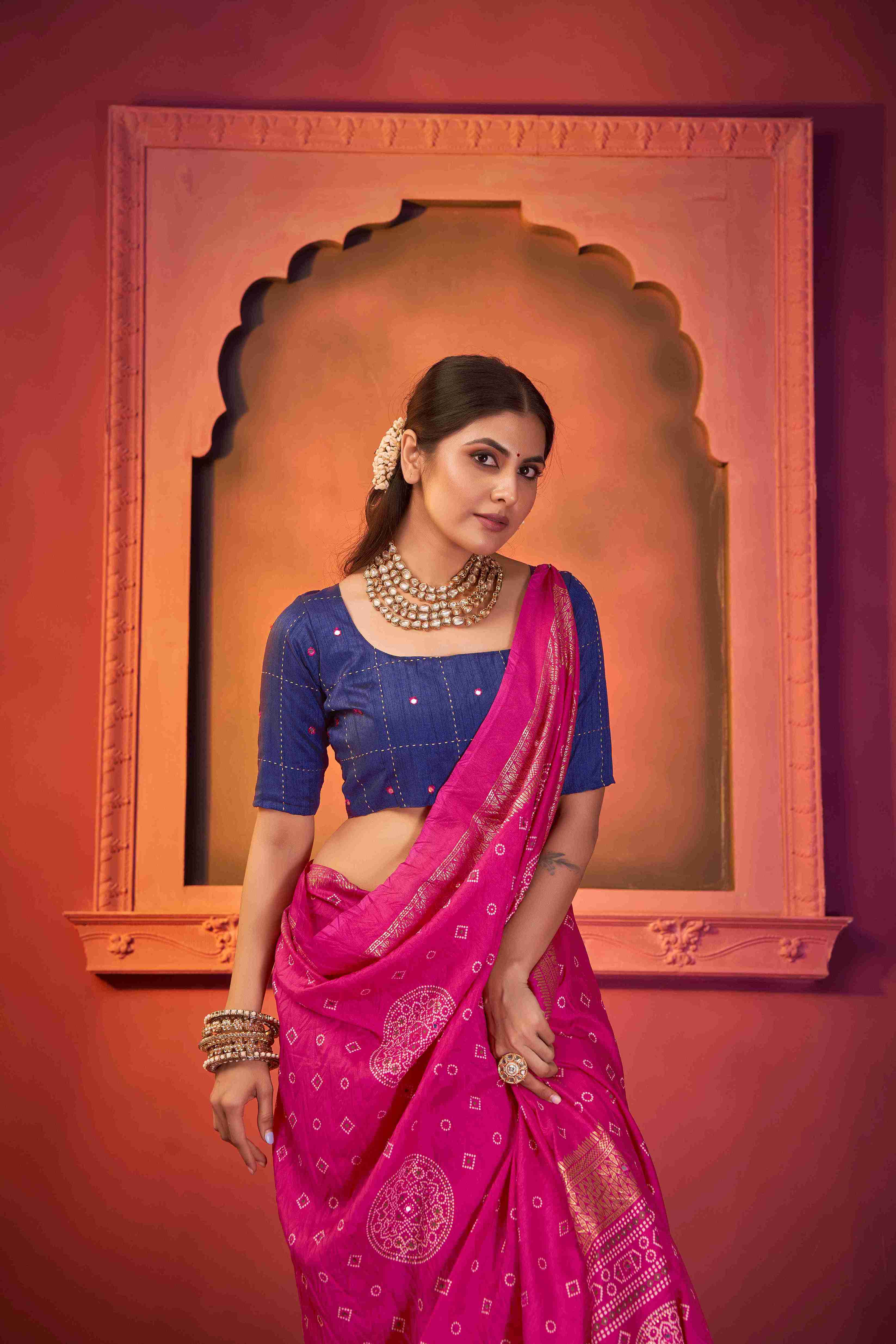 Pink Tussar Silk Crush Bandhani Printed Saree