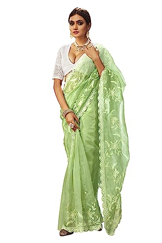 Elina fashion Organza Sarees For Women Indian Party Wear Embroidered Saree Sari & Unstitched Blouse