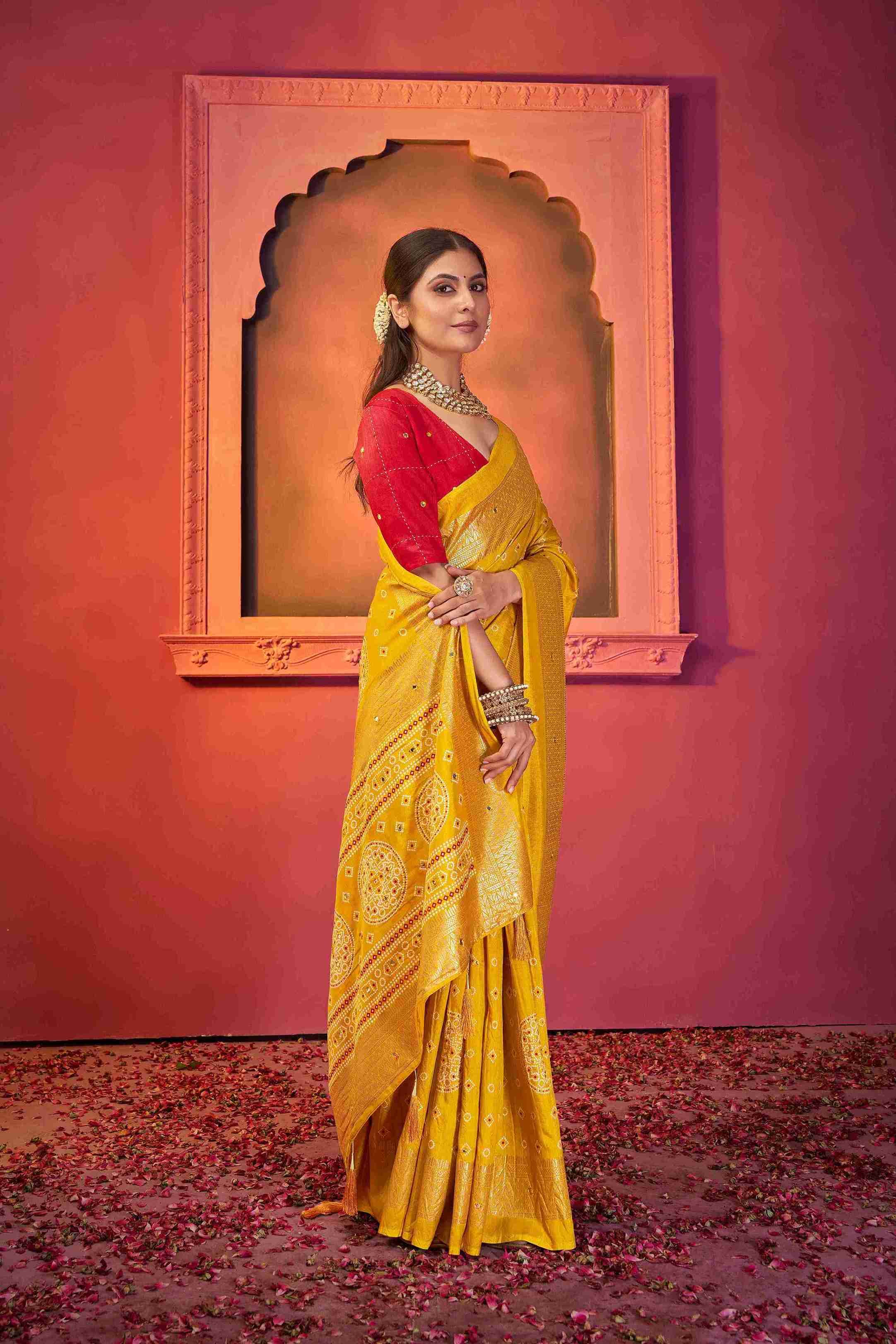 Mustard Tussar Silk Crush Bandhani Printed Saree