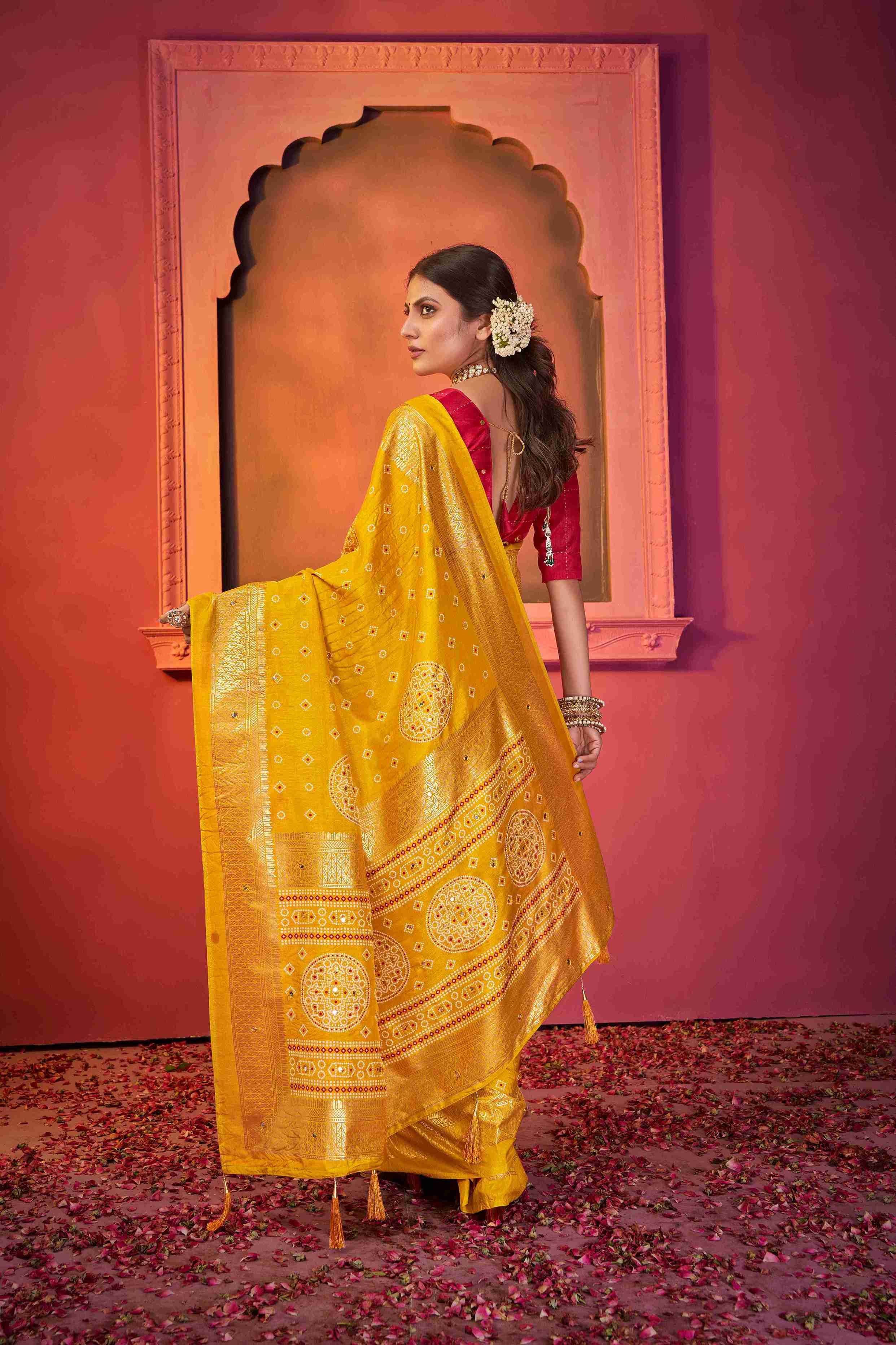 Mustard Tussar Silk Crush Bandhani Printed Saree