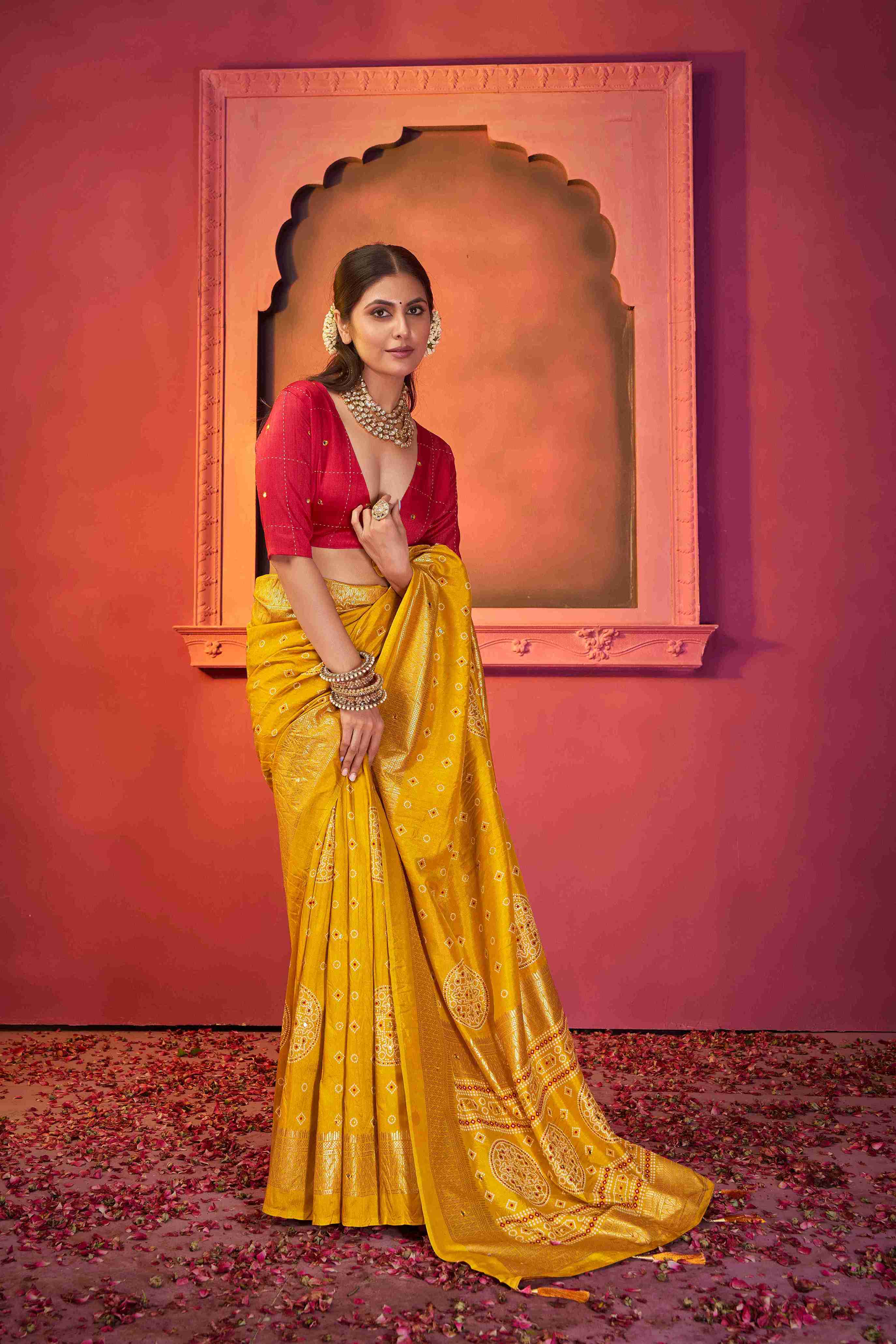 Mustard Tussar Silk Crush Bandhani Printed Saree