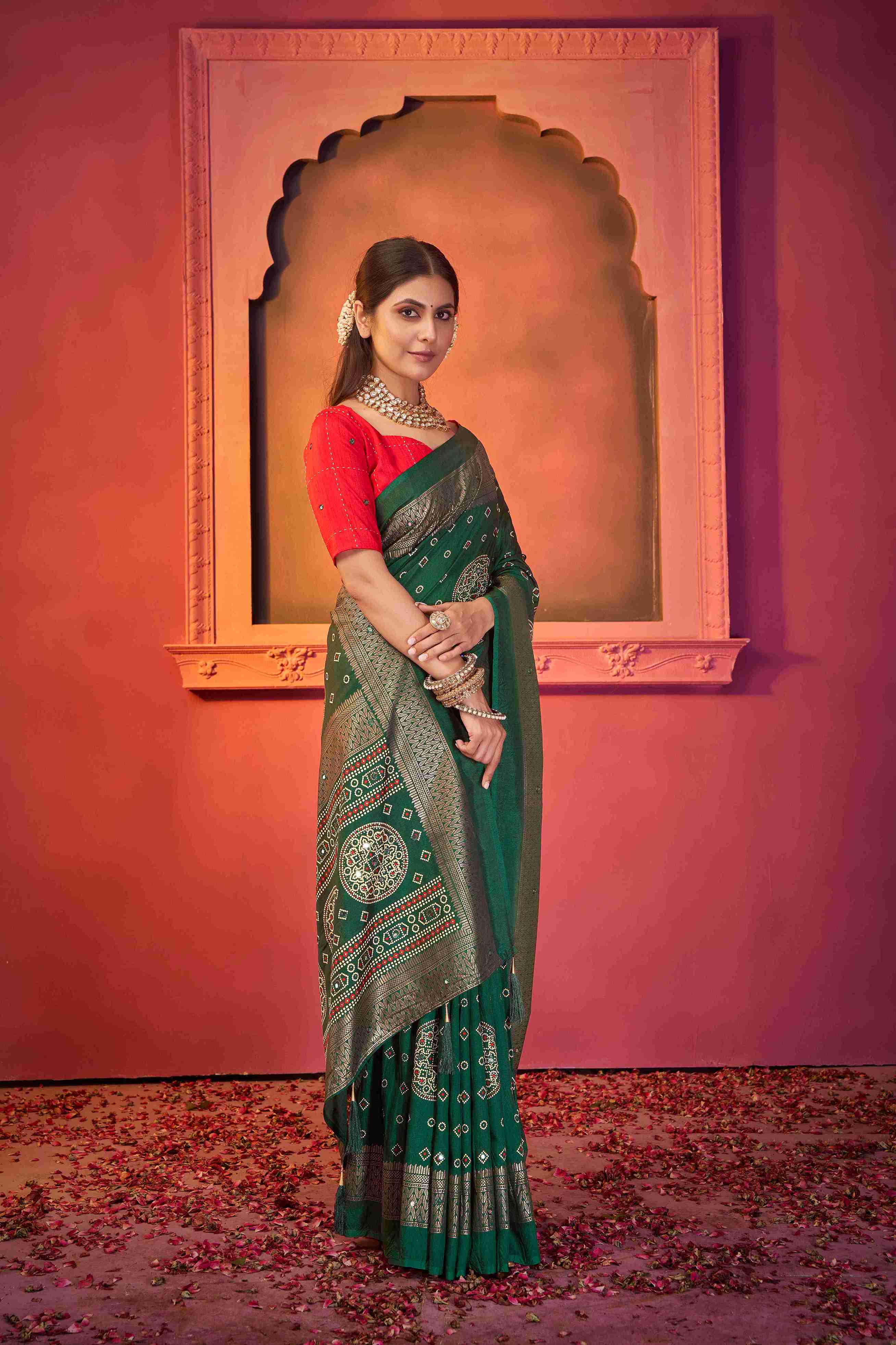 Green Tussar Silk Crush Bandhani Printed Saree