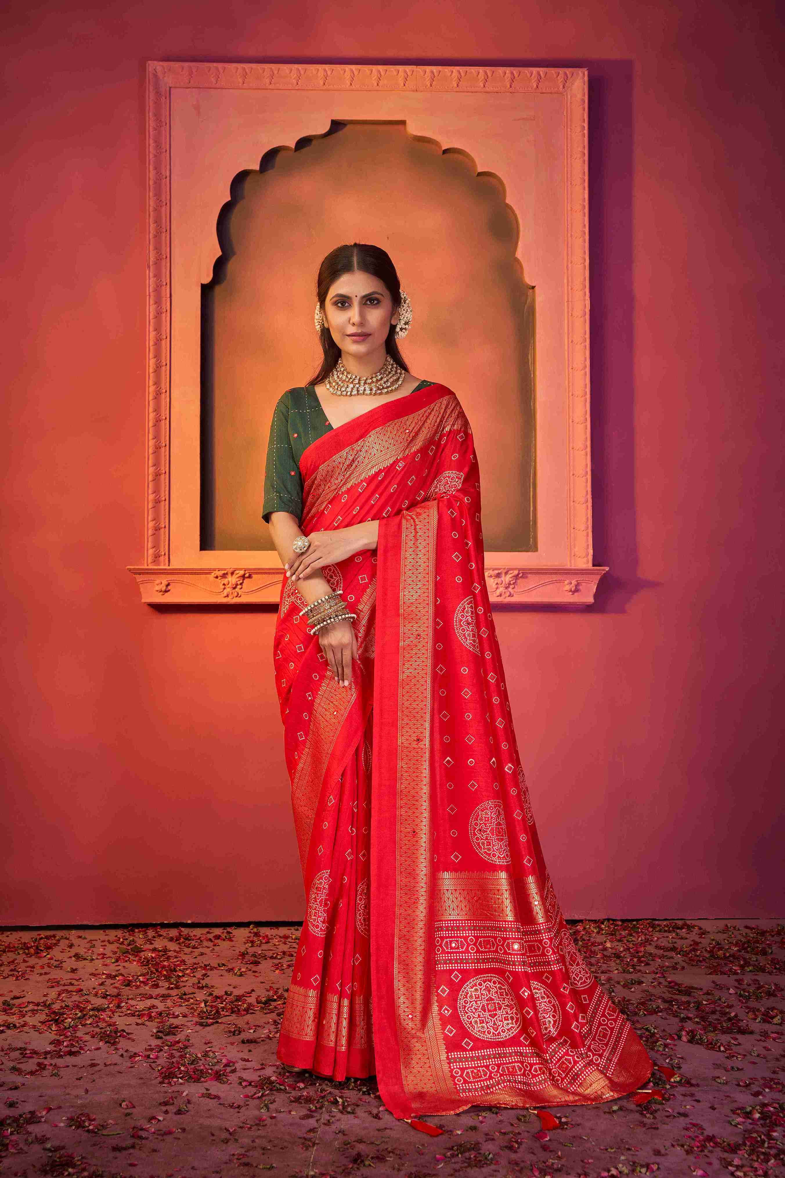 Red Tussar Silk Crush Bandhani Printed Saree