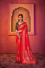 Red Tussar Silk Crush Bandhani Printed Saree