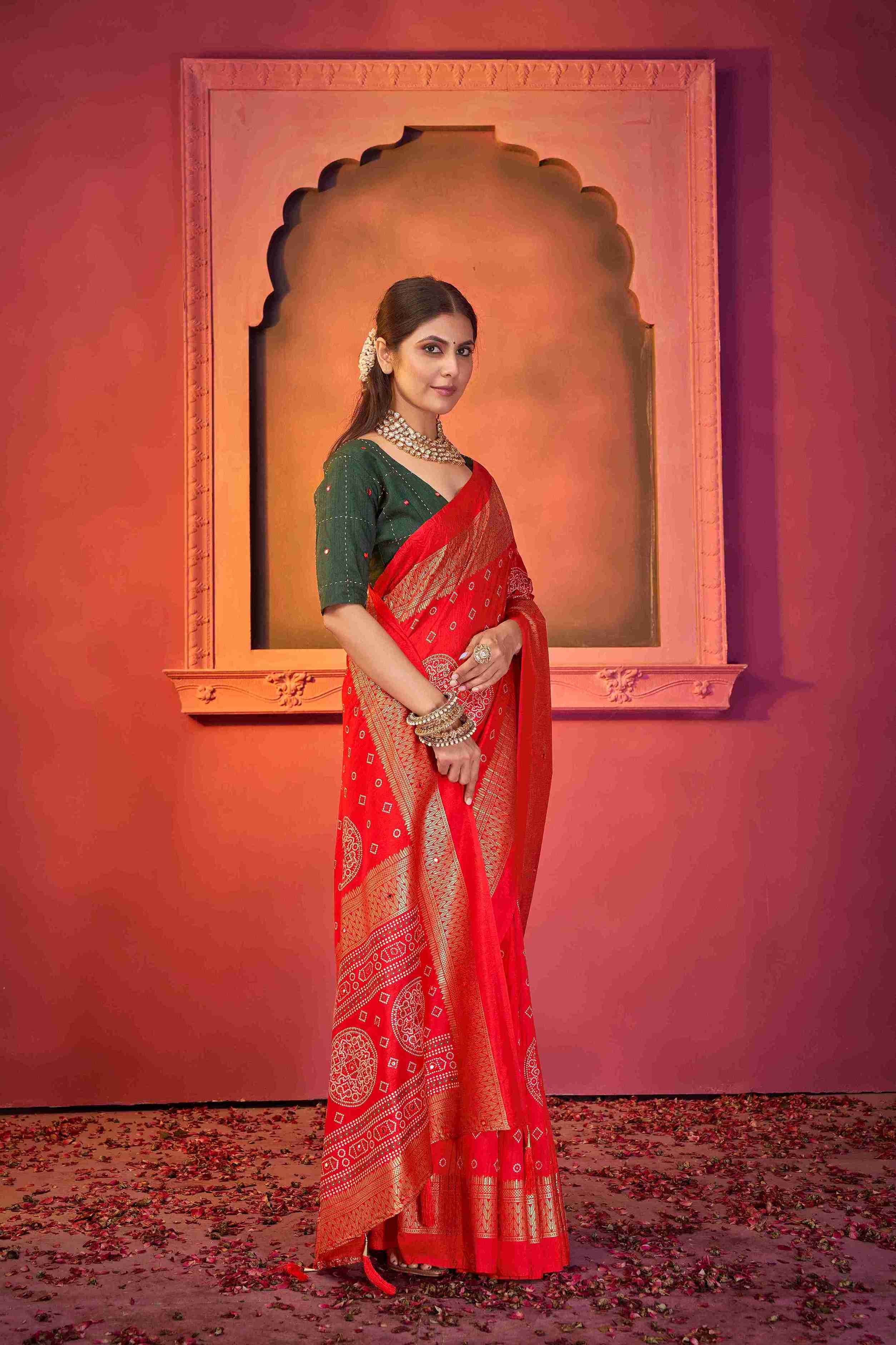 Red Tussar Silk Crush Bandhani Printed Saree