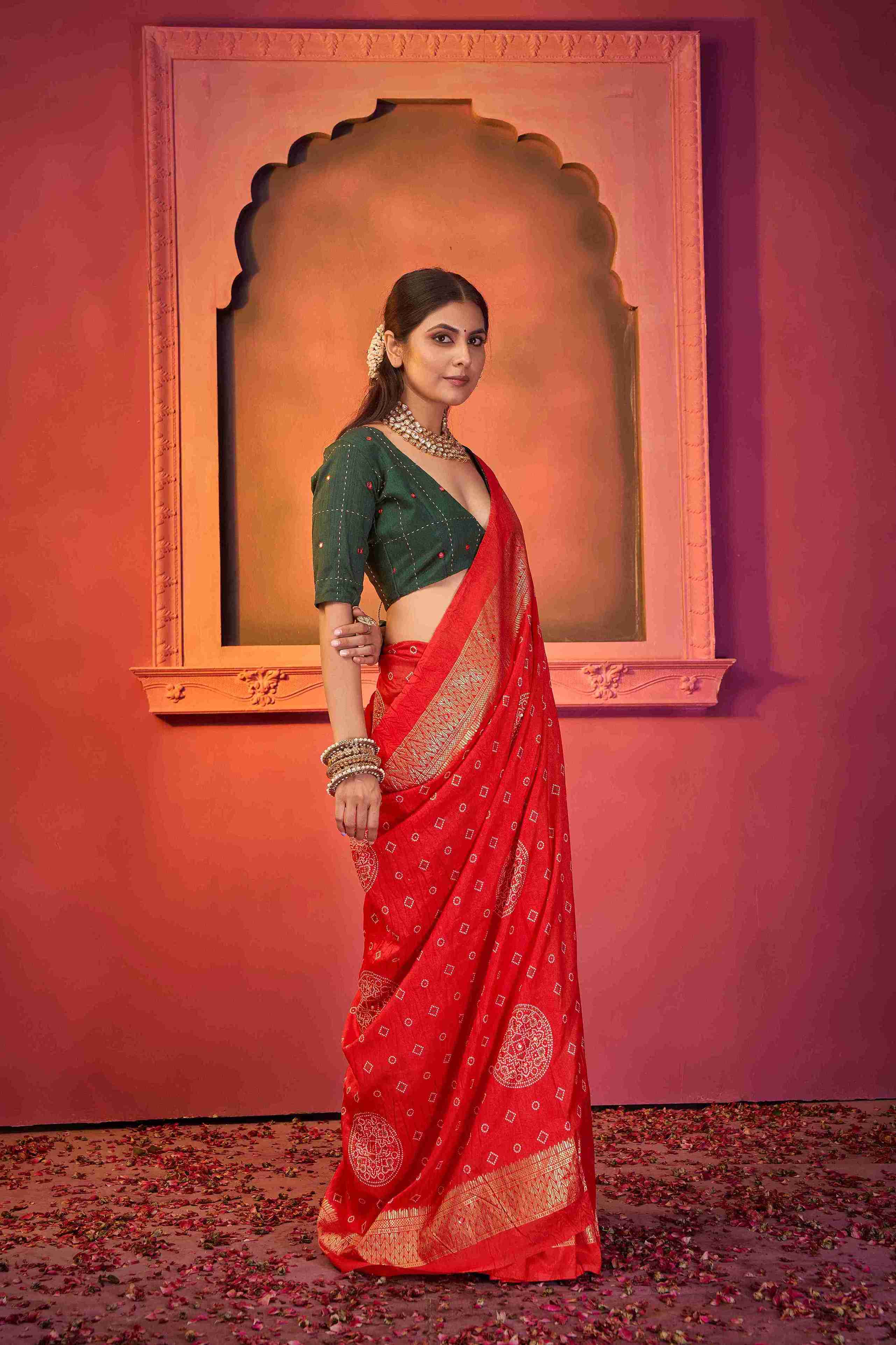 Red Tussar Silk Crush Bandhani Printed Saree