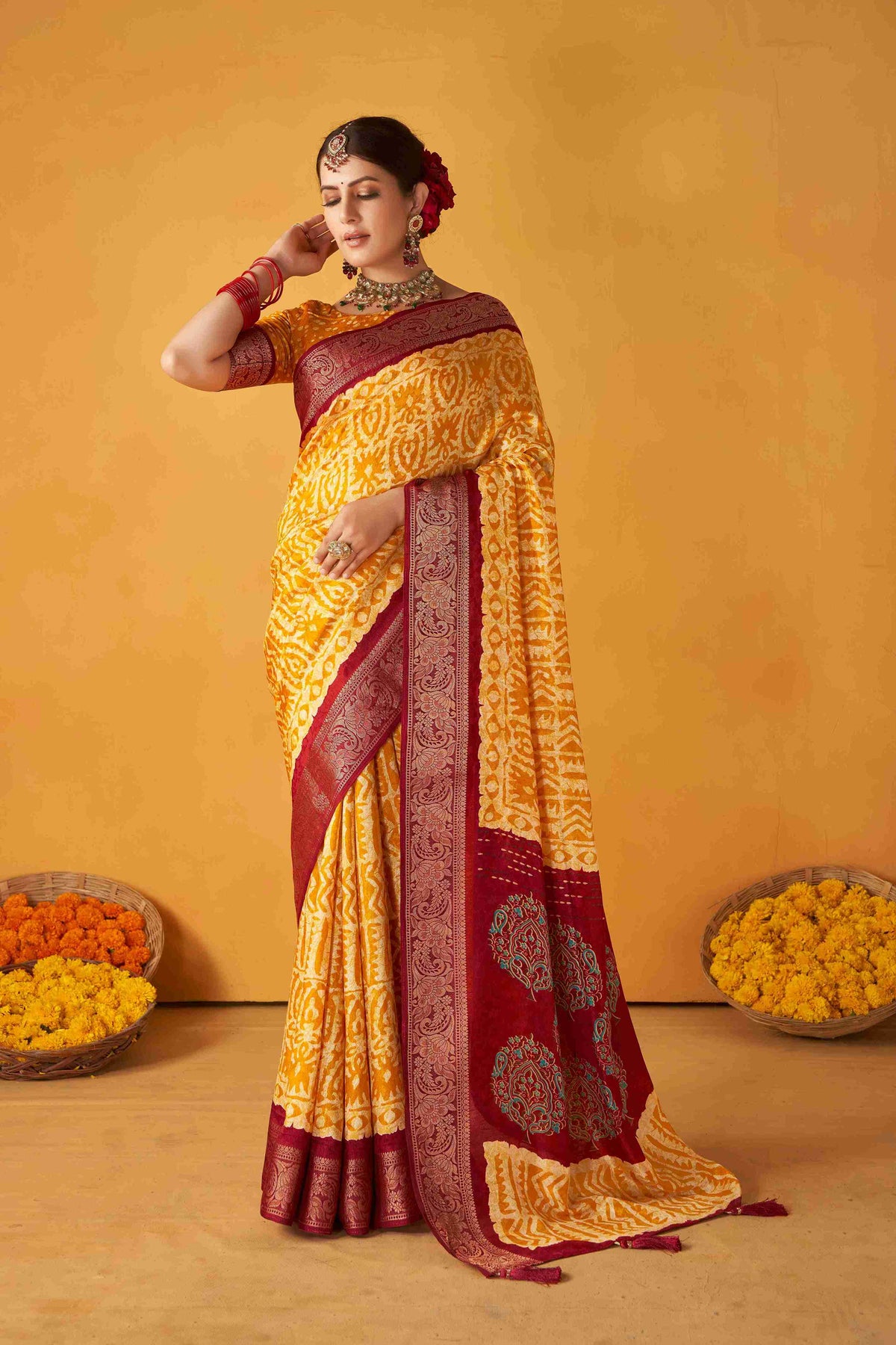 Orange Tussar Silk Batik Printed with Jacquard Woven Saree