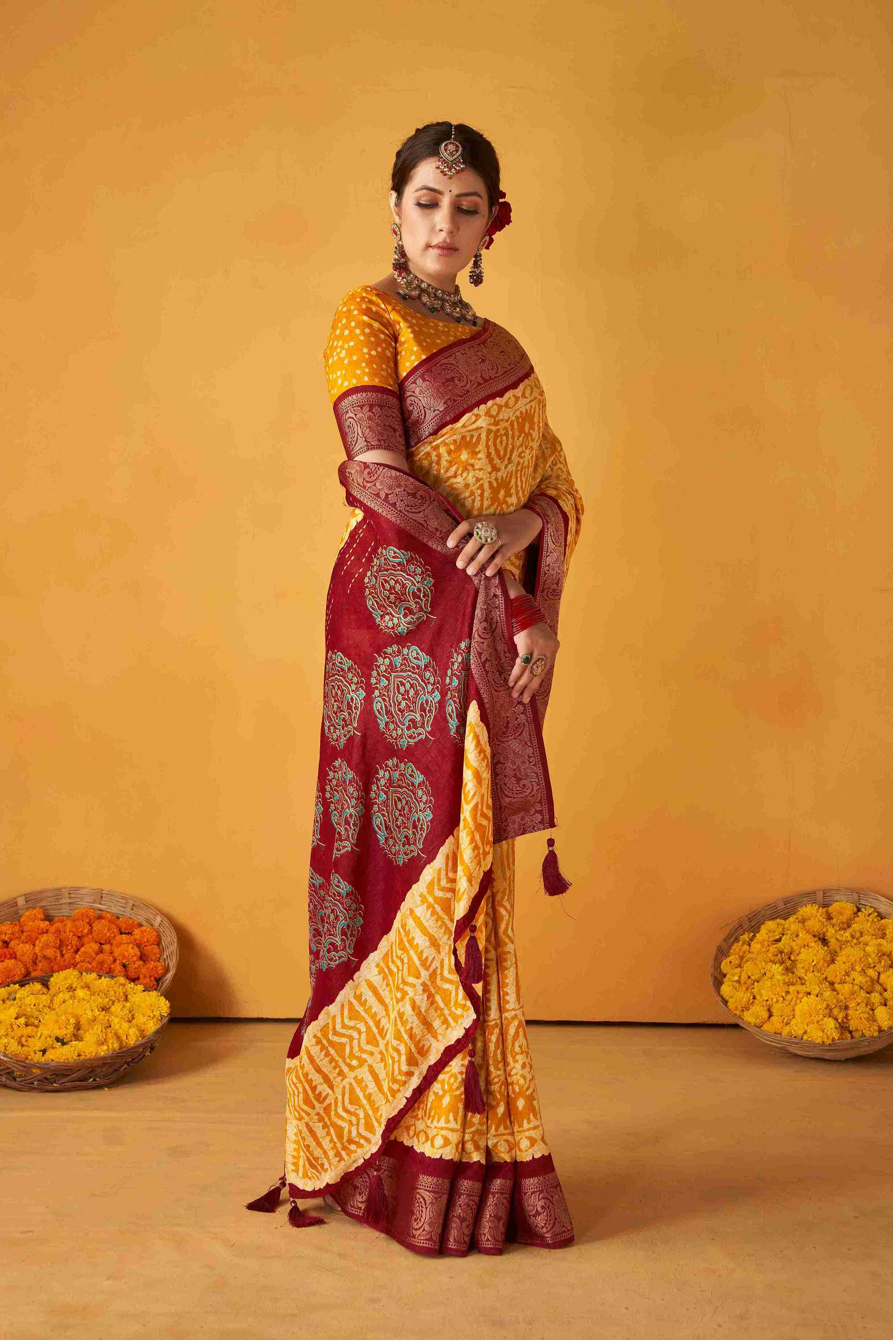 Orange Tussar Silk Batik Printed with Jacquard Woven Saree