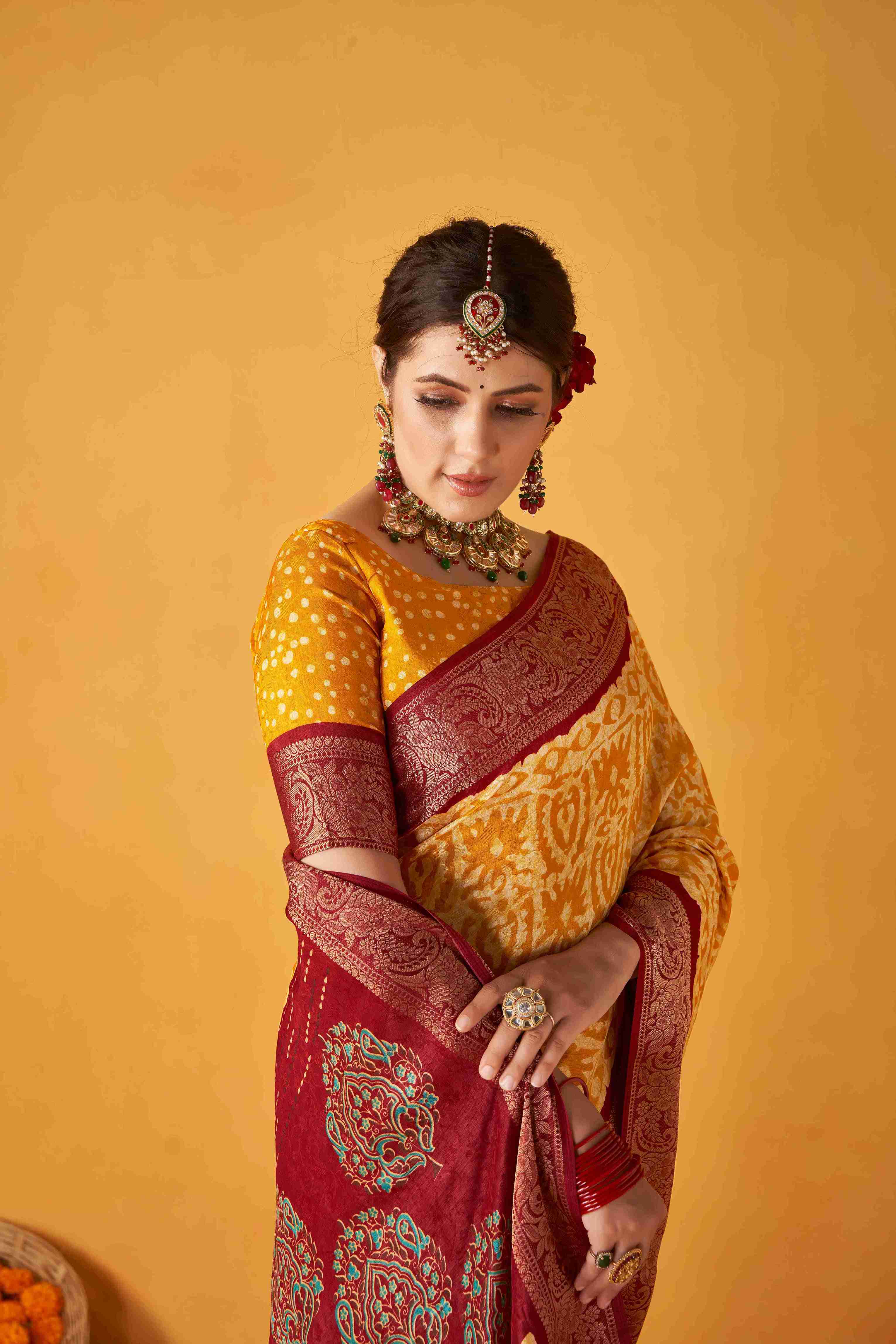 Orange Tussar Silk Batik Printed with Jacquard Woven Saree