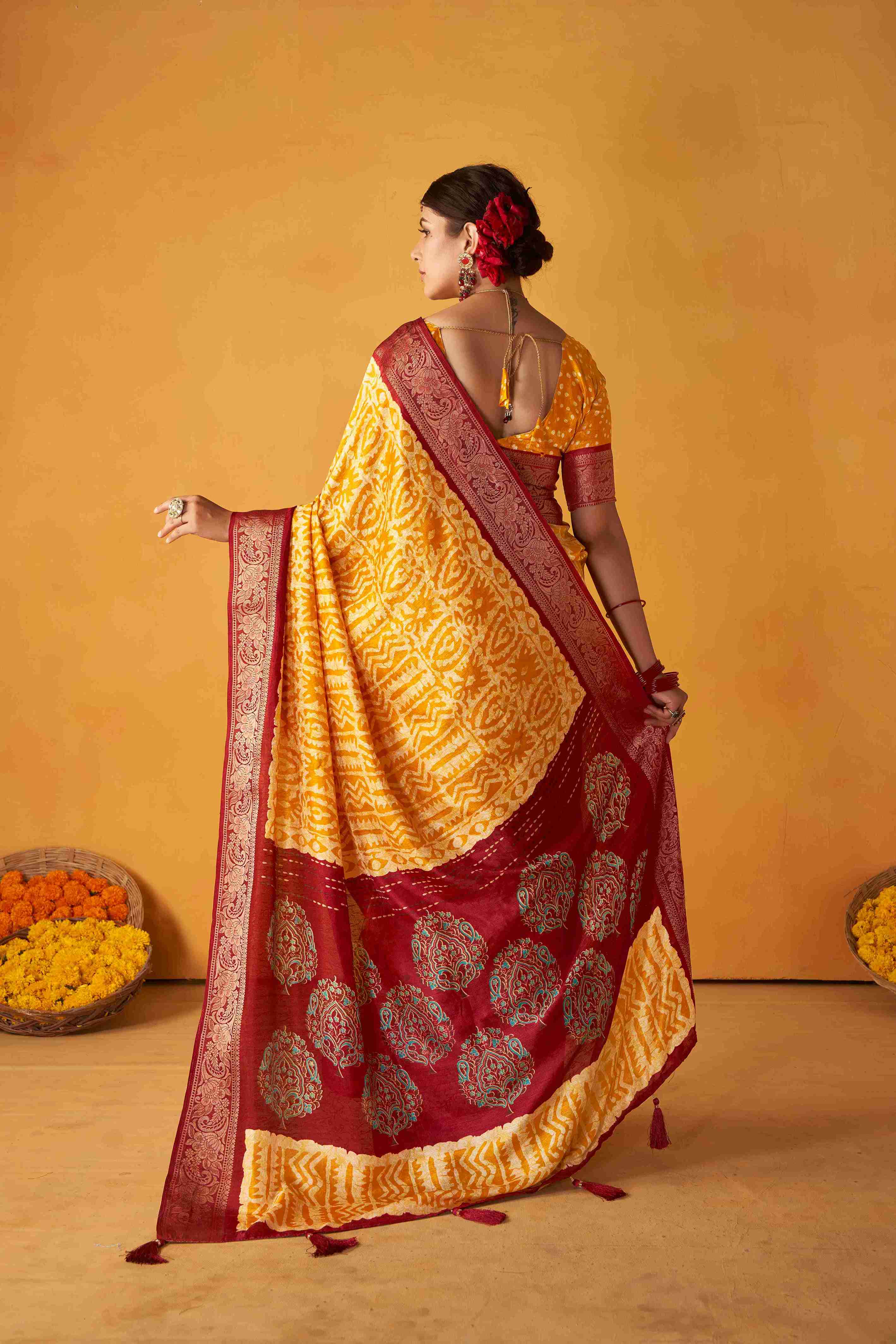 Orange Tussar Silk Batik Printed with Jacquard Woven Saree