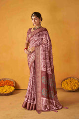 Rose Gold Tussar Silk Batik Printed with Jacquard Woven Saree