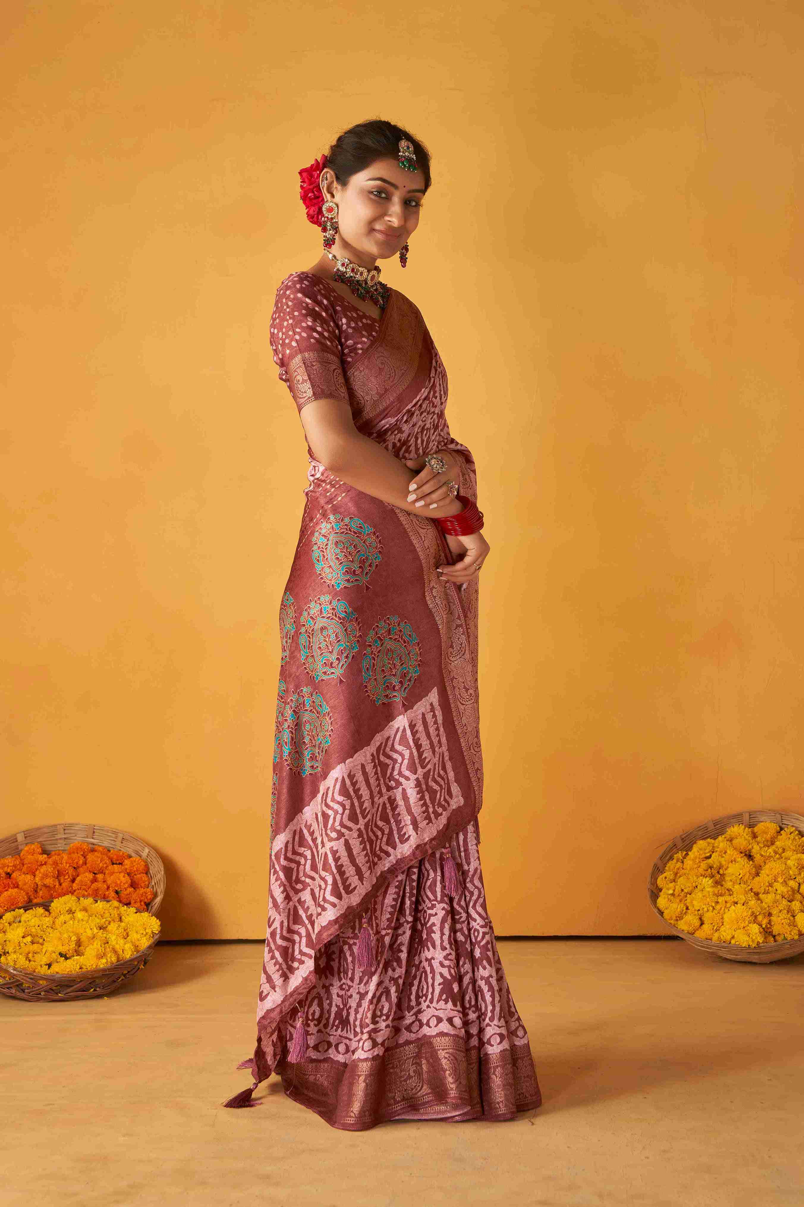 Rose Gold Tussar Silk Batik Printed with Jacquard Woven Saree