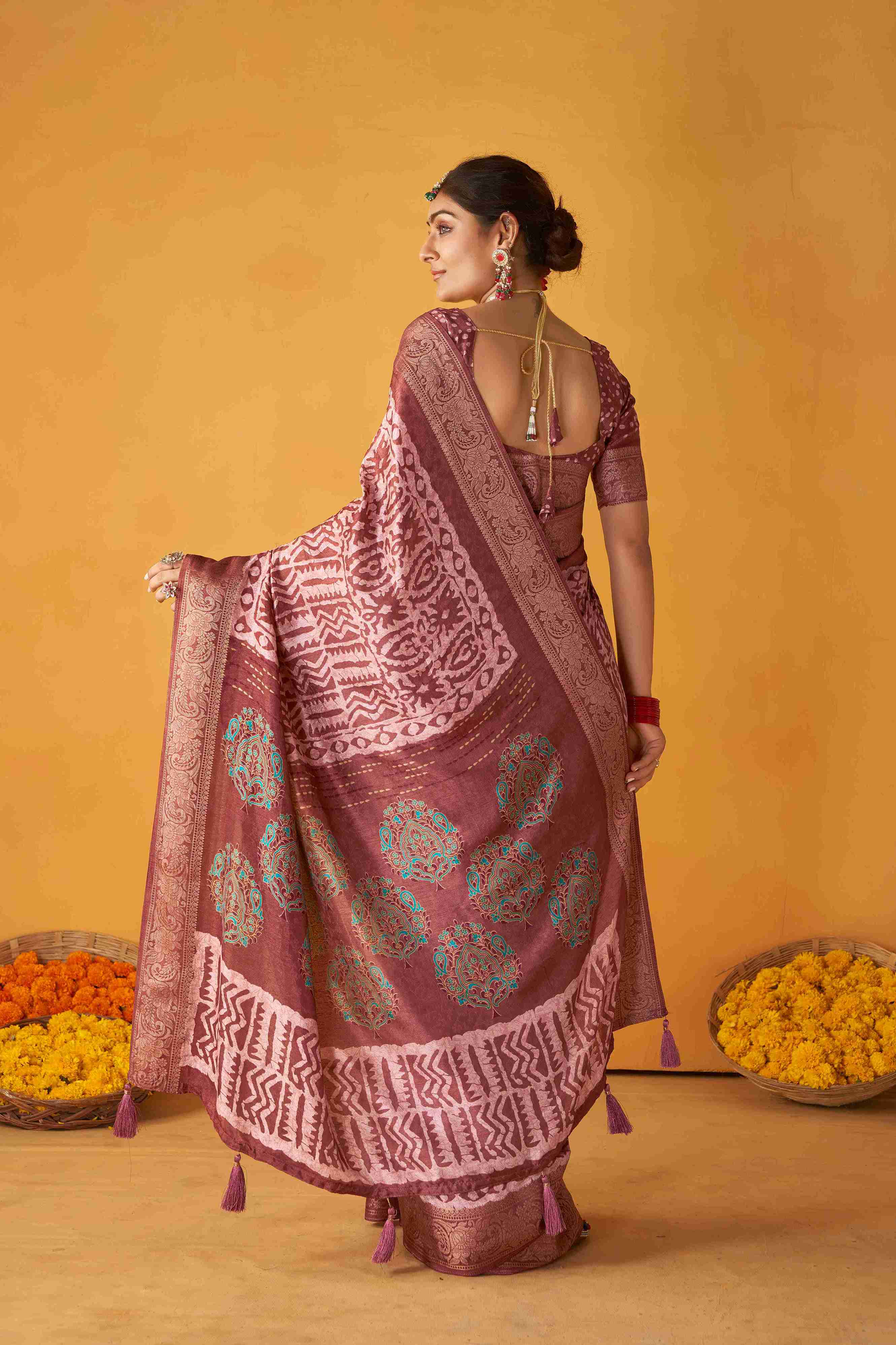 Rose Gold Tussar Silk Batik Printed with Jacquard Woven Saree