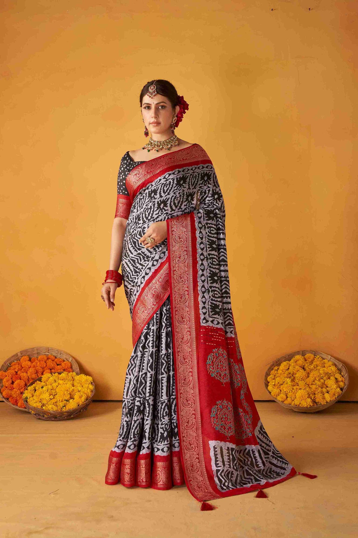 White Black Tussar Silk Batik Printed with Jacquard Woven Saree