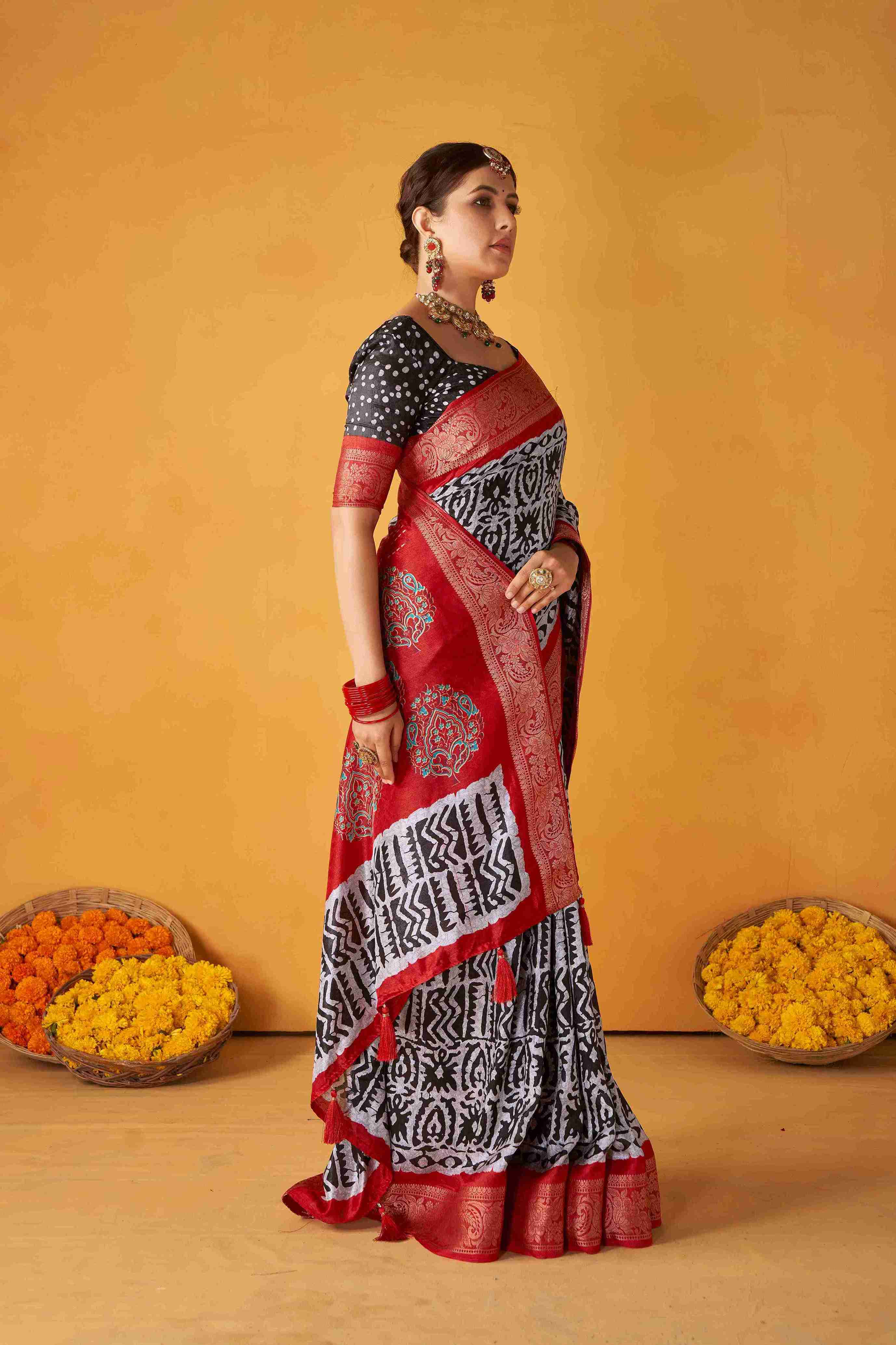 White Black Tussar Silk Batik Printed with Jacquard Woven Saree