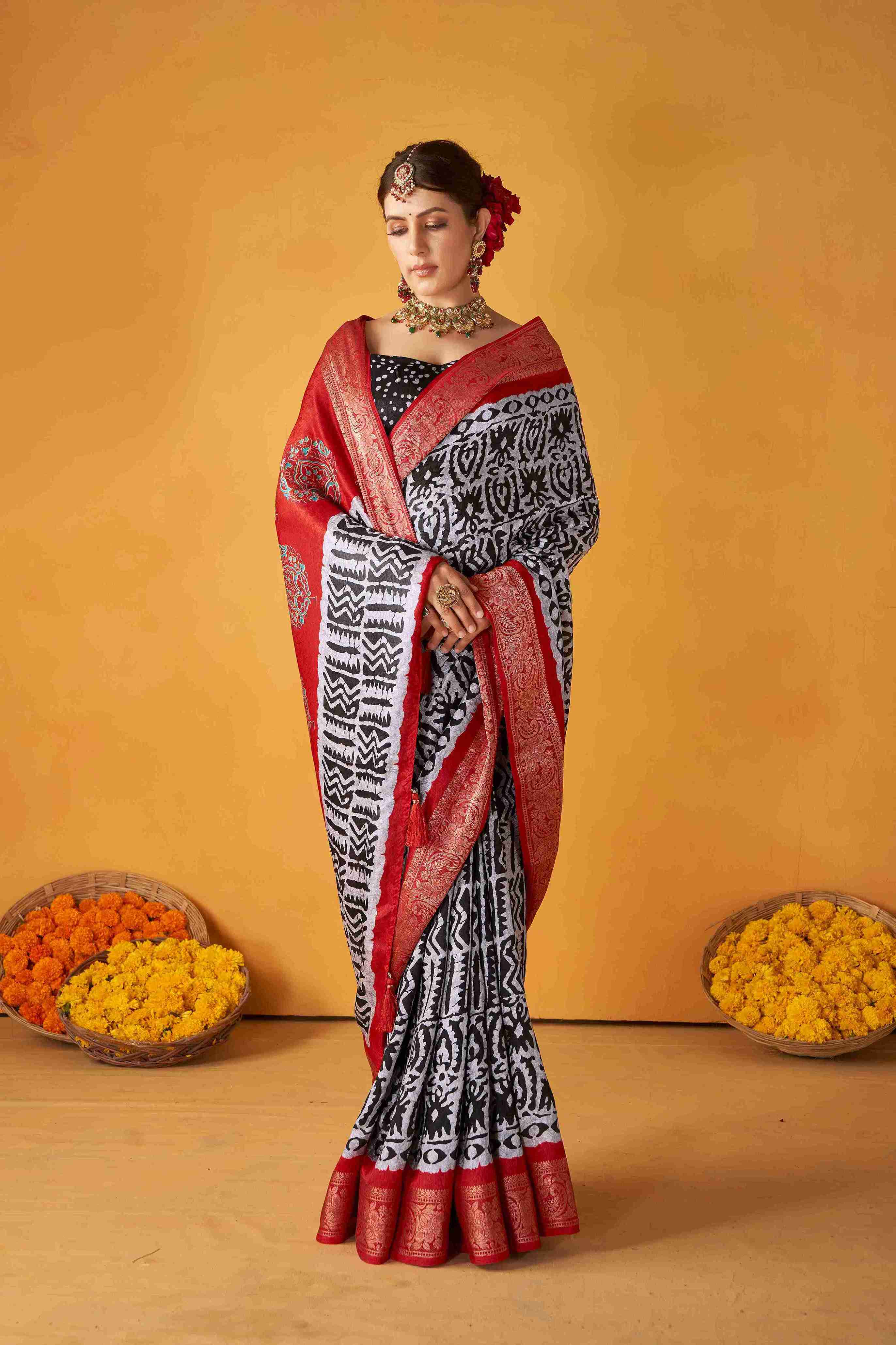 White Black Tussar Silk Batik Printed with Jacquard Woven Saree