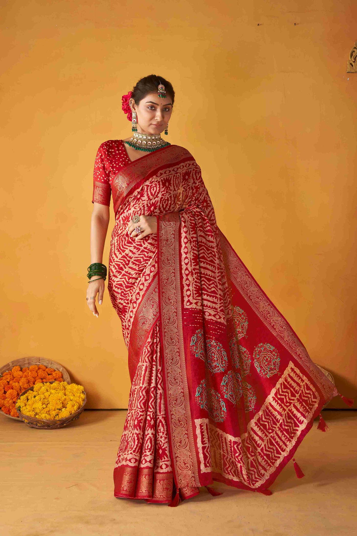 Dull Red Tussar Silk Batik Printed with Jacquard Woven Saree