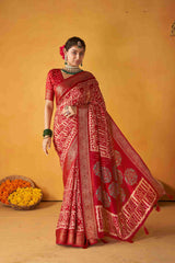 Dull Red Tussar Silk Batik Printed with Jacquard Woven Saree