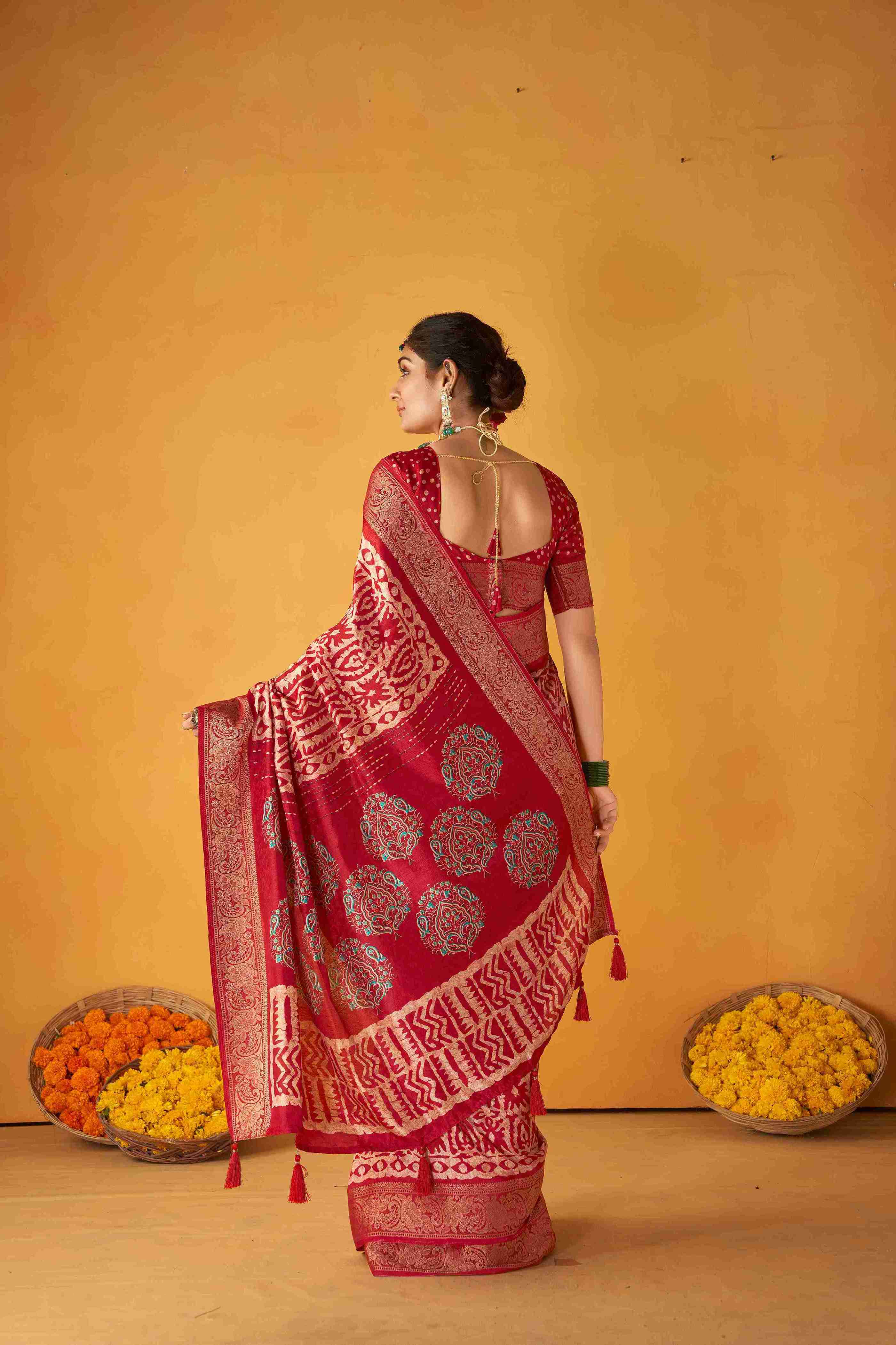 Dull Red Tussar Silk Batik Printed with Jacquard Woven Saree