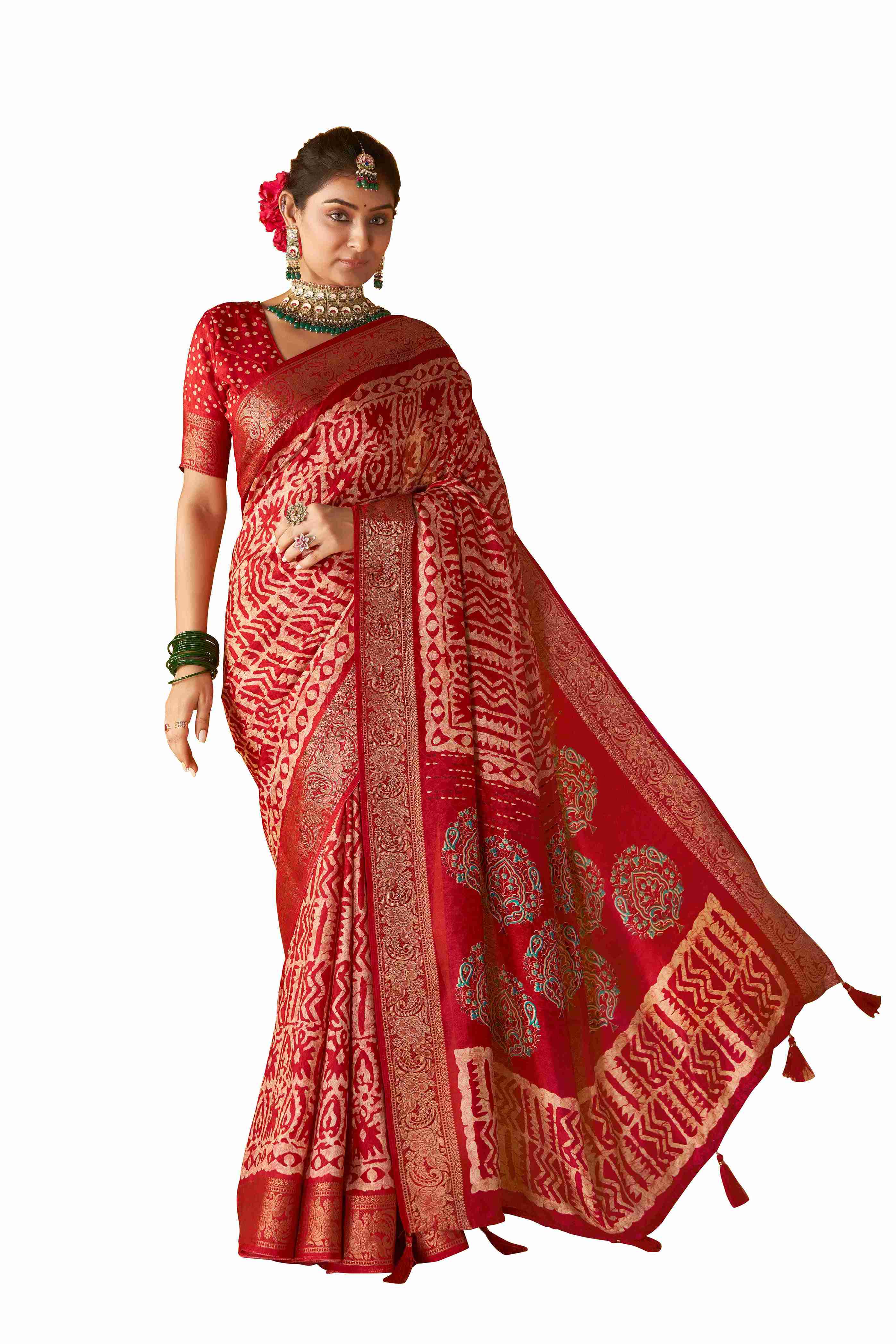 Dull Red Tussar Silk Batik Printed with Jacquard Woven Saree