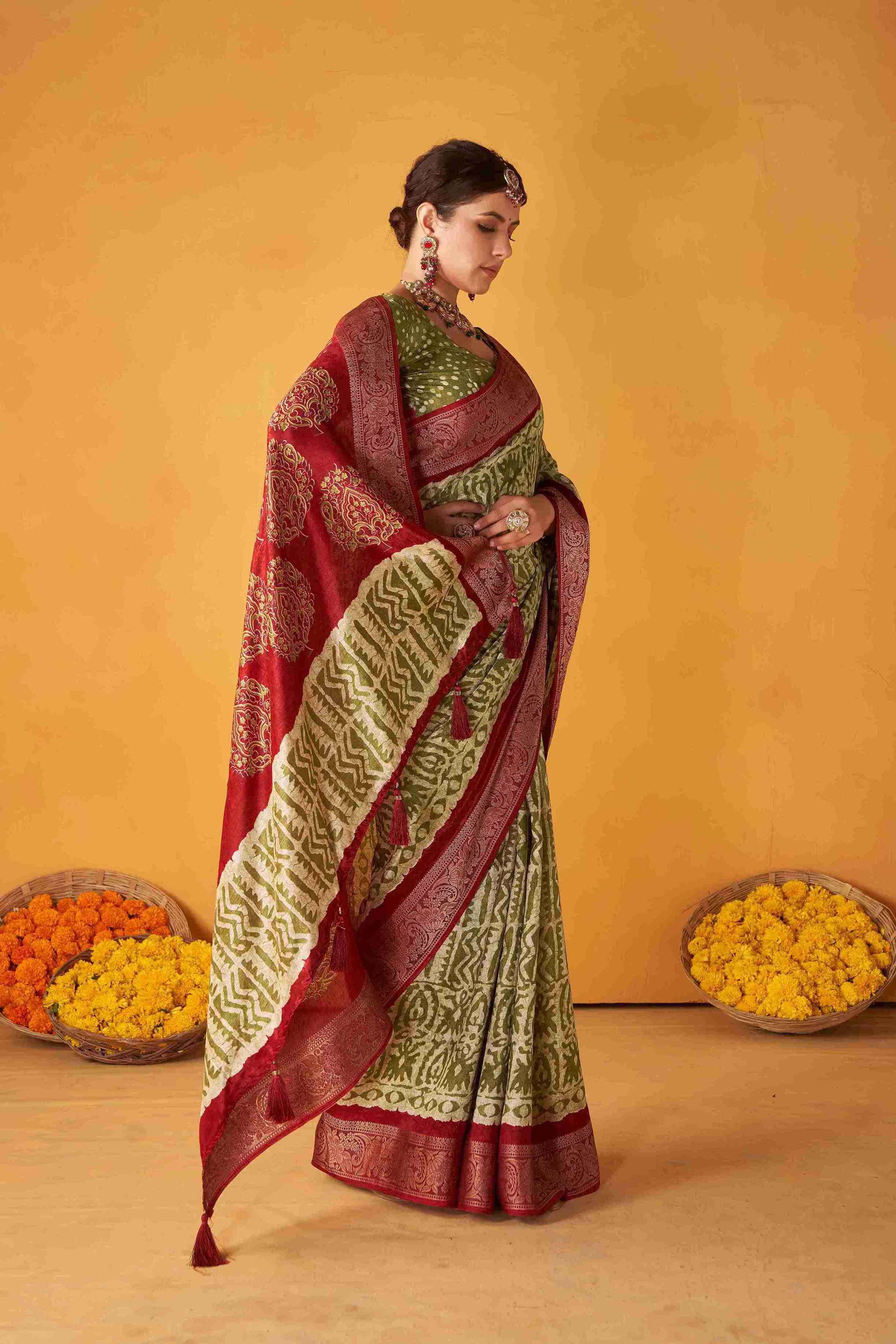 Light Green Tussar Silk Batik Printed with Jacquard Woven Saree