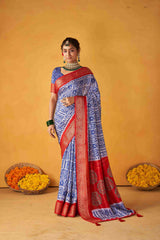 Slate Blue White Tussar Silk Batik Printed with Jacquard Woven Saree