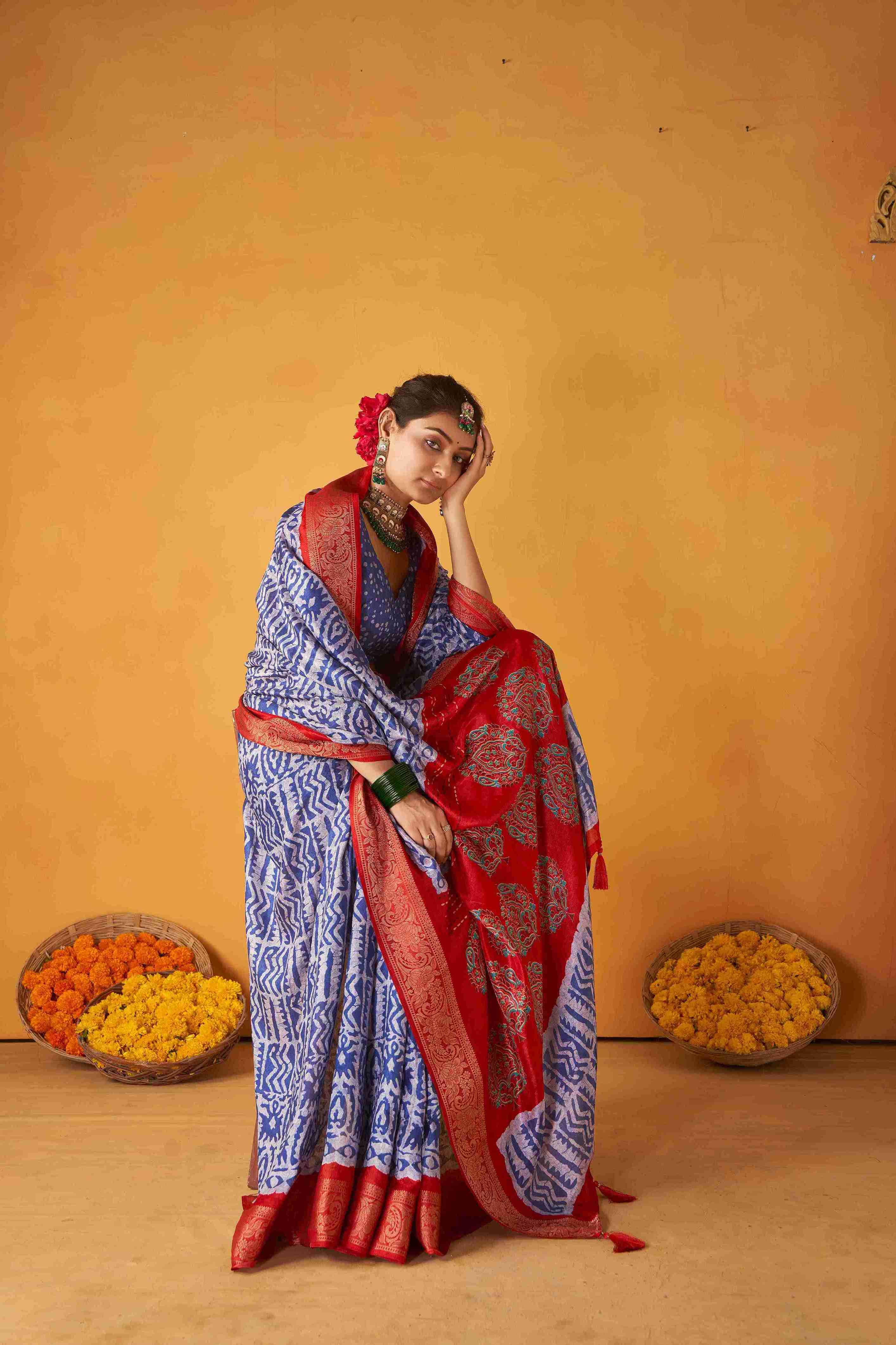 Slate Blue White Tussar Silk Batik Printed with Jacquard Woven Saree