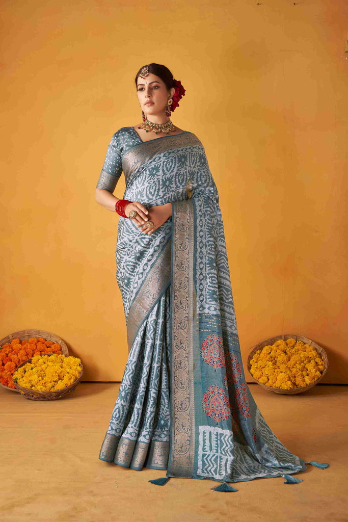 Davy Grey Colored Tussar Silk Batik Printed with Jacquard Woven Saree