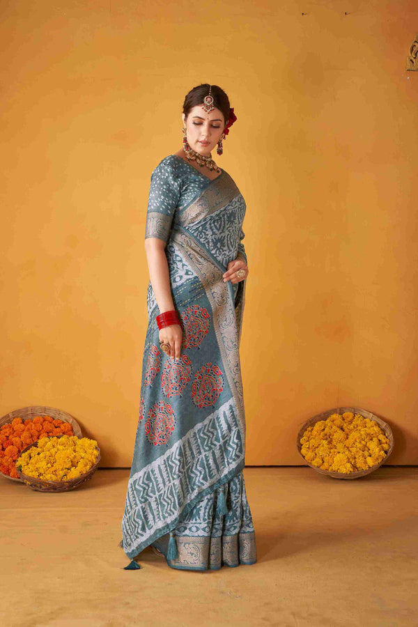 Davy Grey Colored Tussar Silk Batik Printed with Jacquard Woven Saree