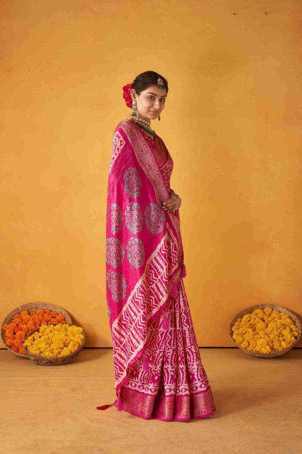 Dark Pink Colored Tussar Silk Batik Printed with Jacquard Woven Saree