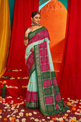 Sky Blue Pink Tussar Silk Swarovski Saree