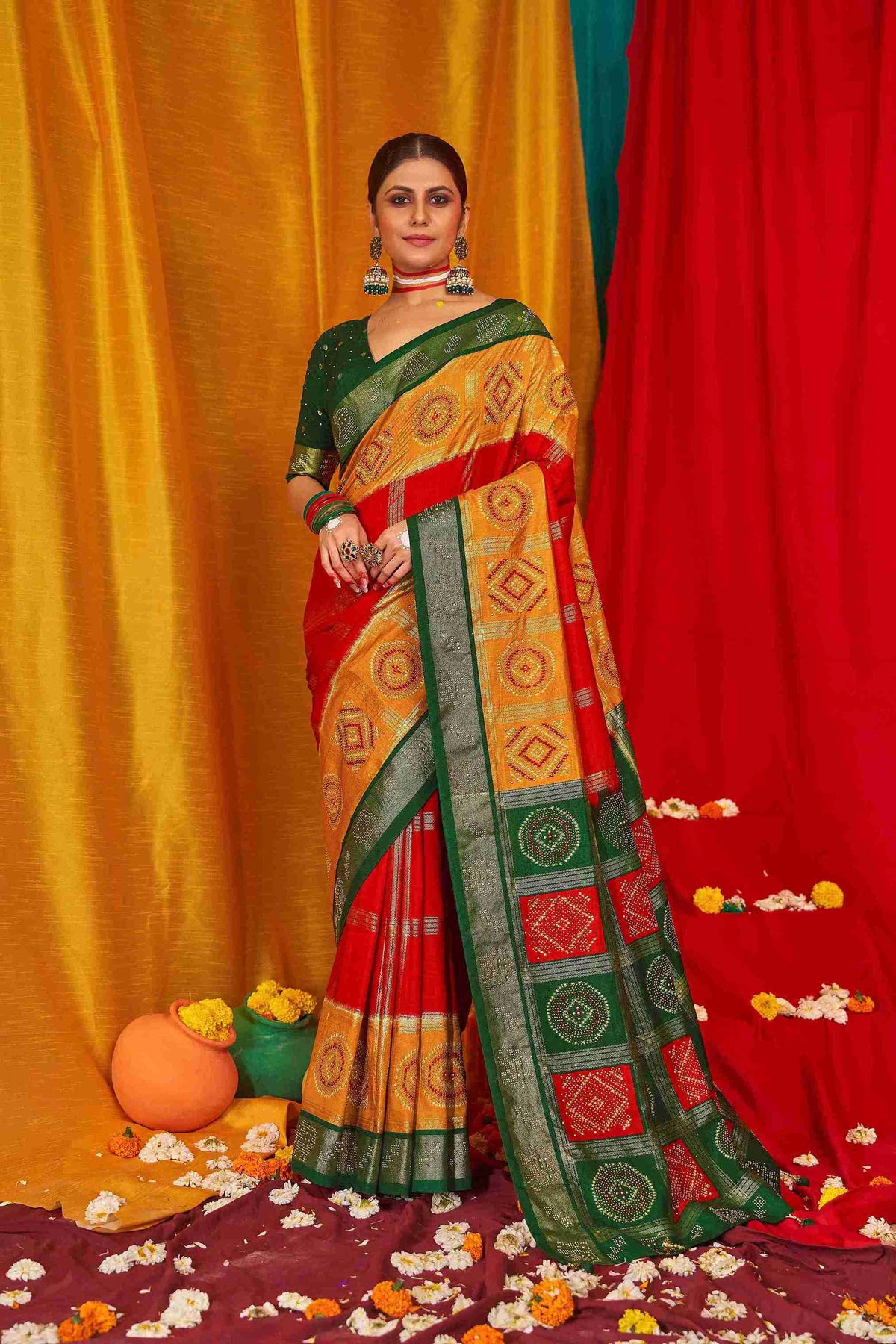 Mustard Tussar Silk Swarovski Saree