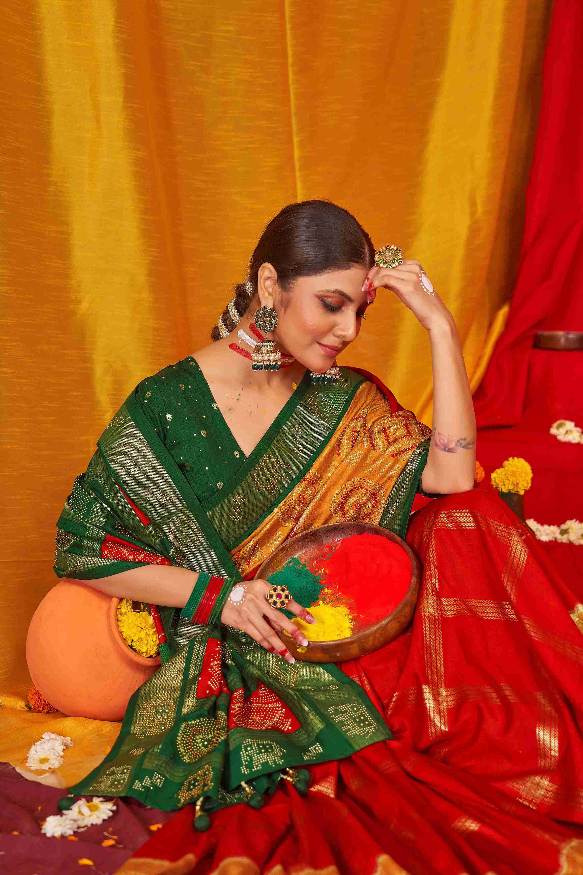 Mustard Tussar Silk Swarovski Saree