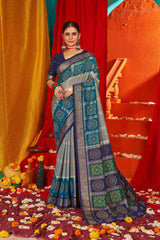 Grey Blue Tussar Silk Swarovski Saree