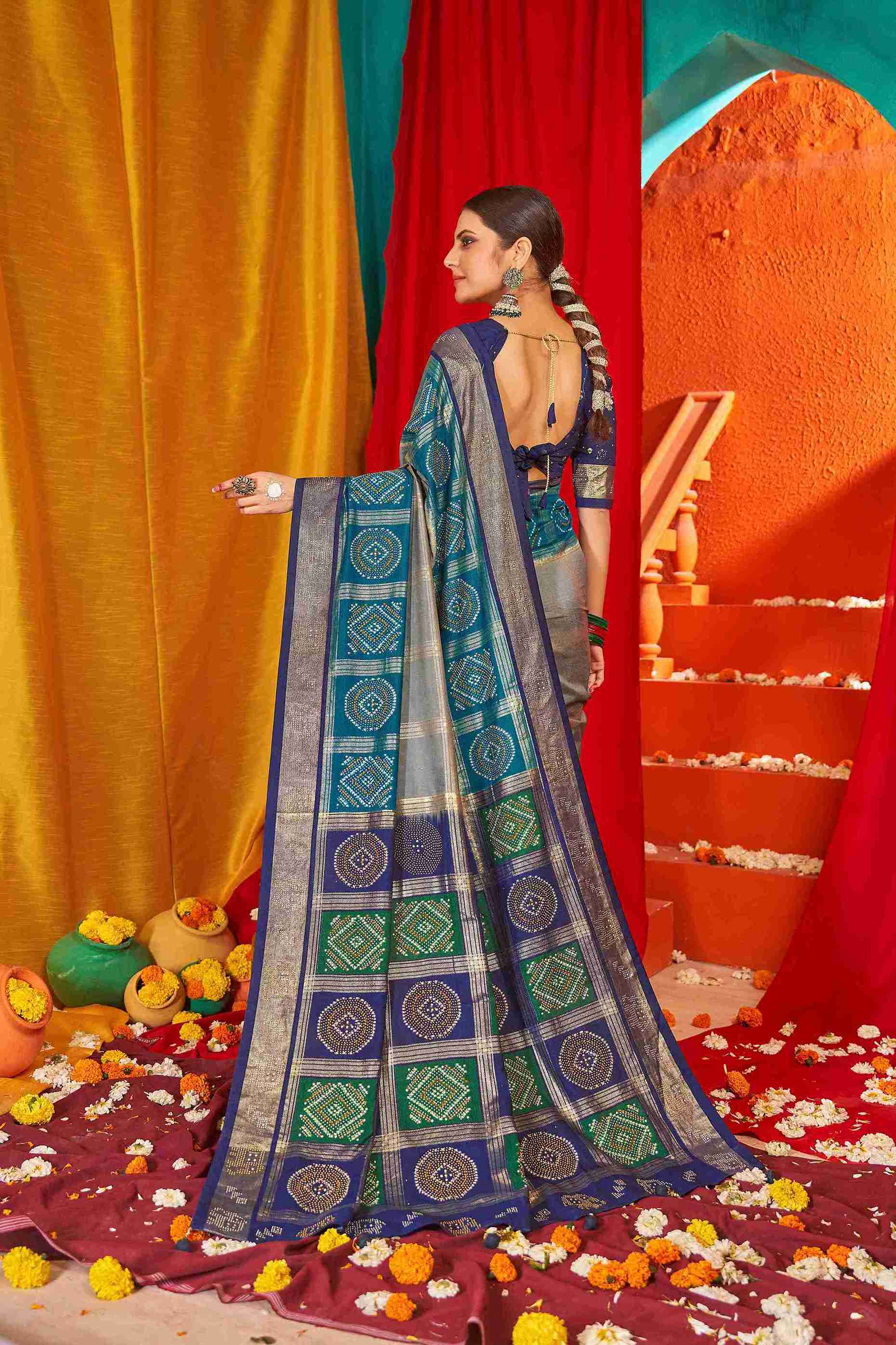 Grey Blue Tussar Silk Swarovski Saree