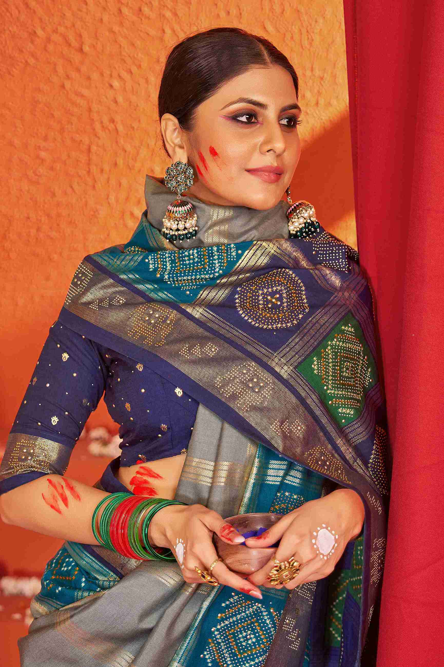 Grey Blue Tussar Silk Swarovski Saree