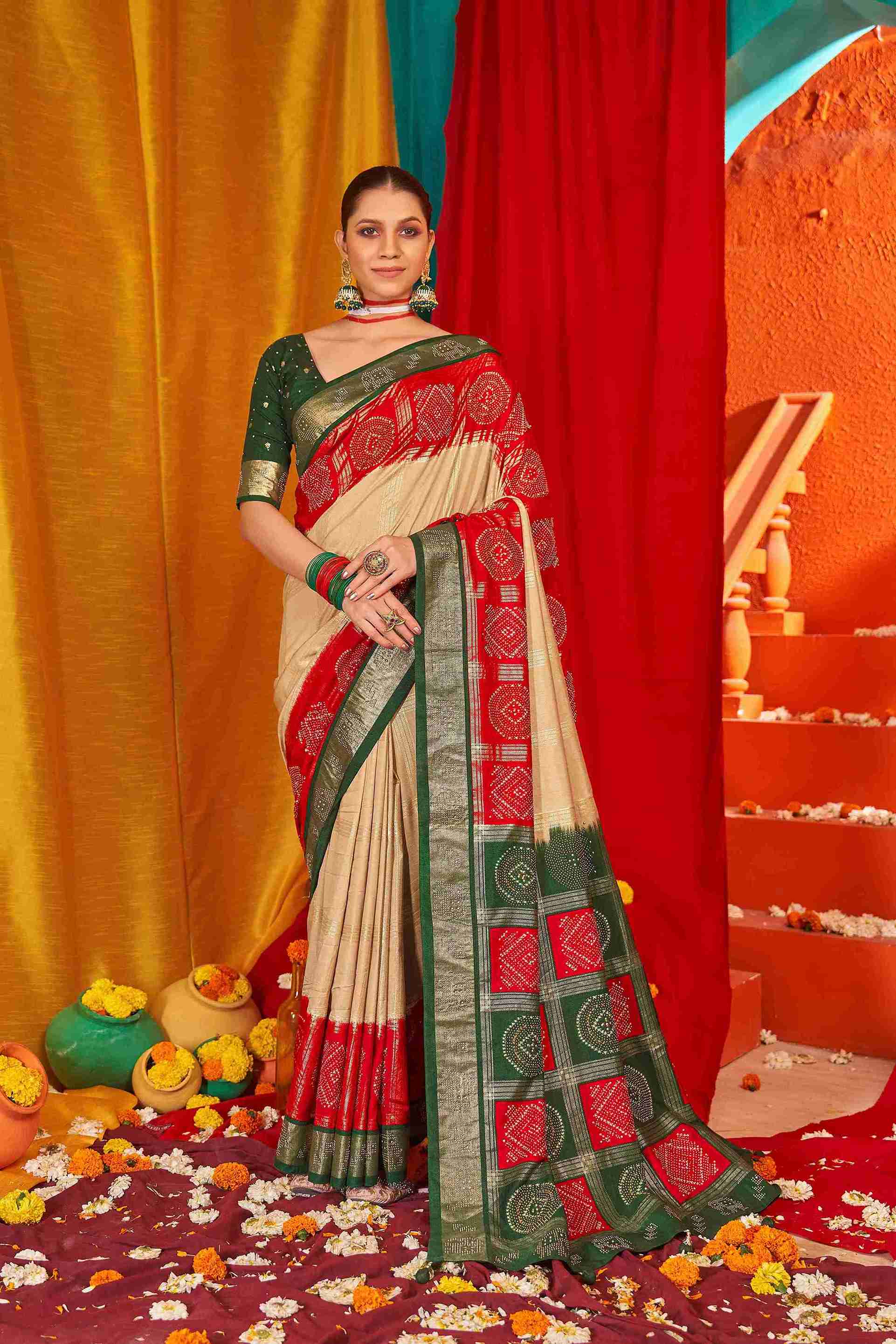 Beige Red Colored Tussar Silk Swarovski Saree