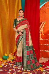 Beige Red Colored Tussar Silk Swarovski Saree