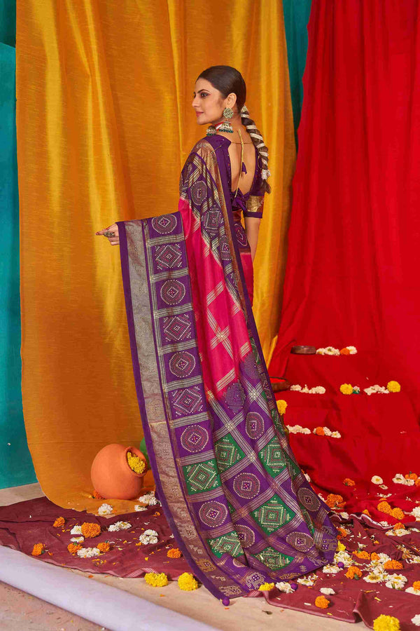 Pink Purple Colored Tussar Silk Swarovski Saree