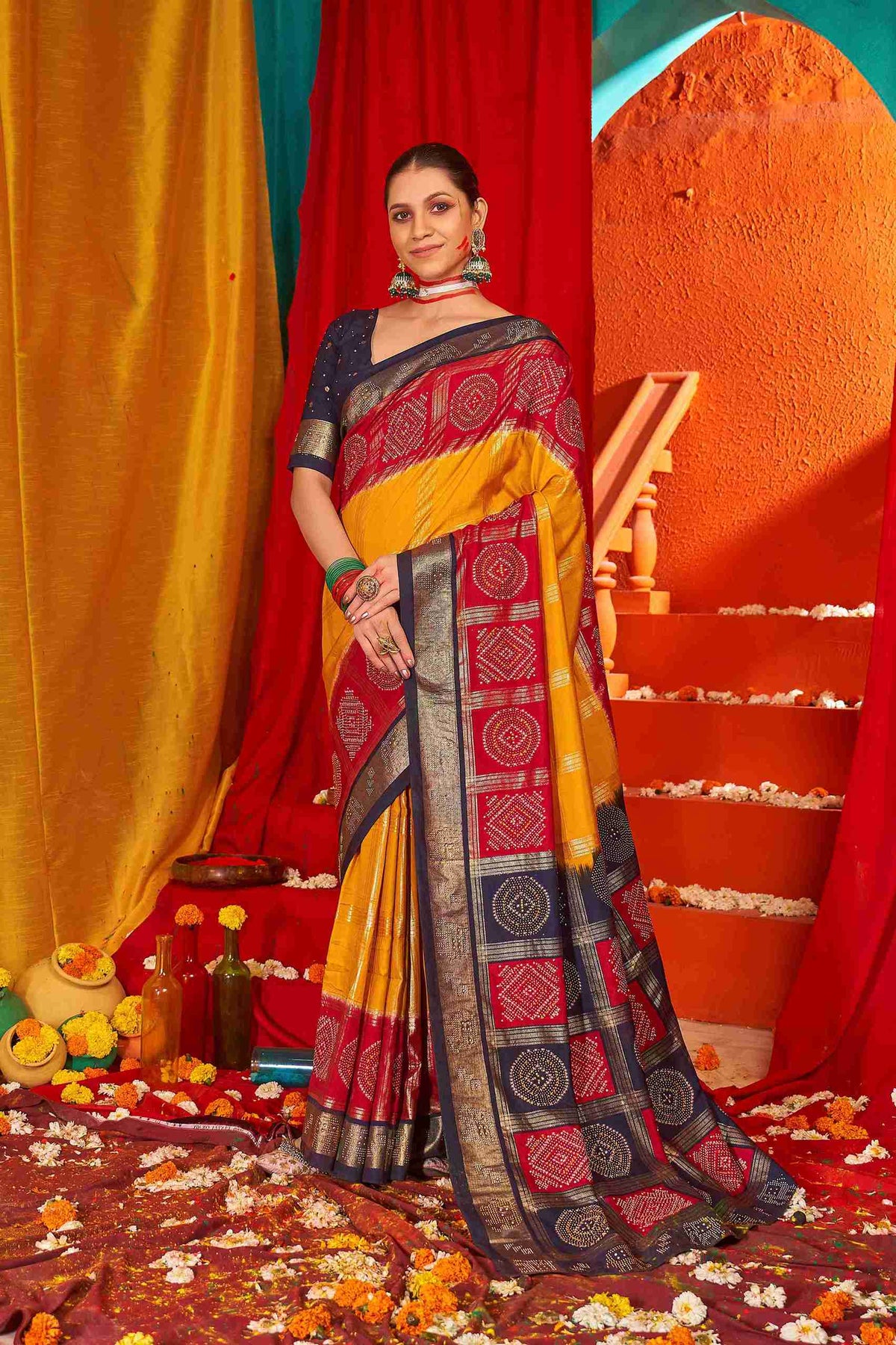 Gold Red Tussar Silk Swarovski Saree