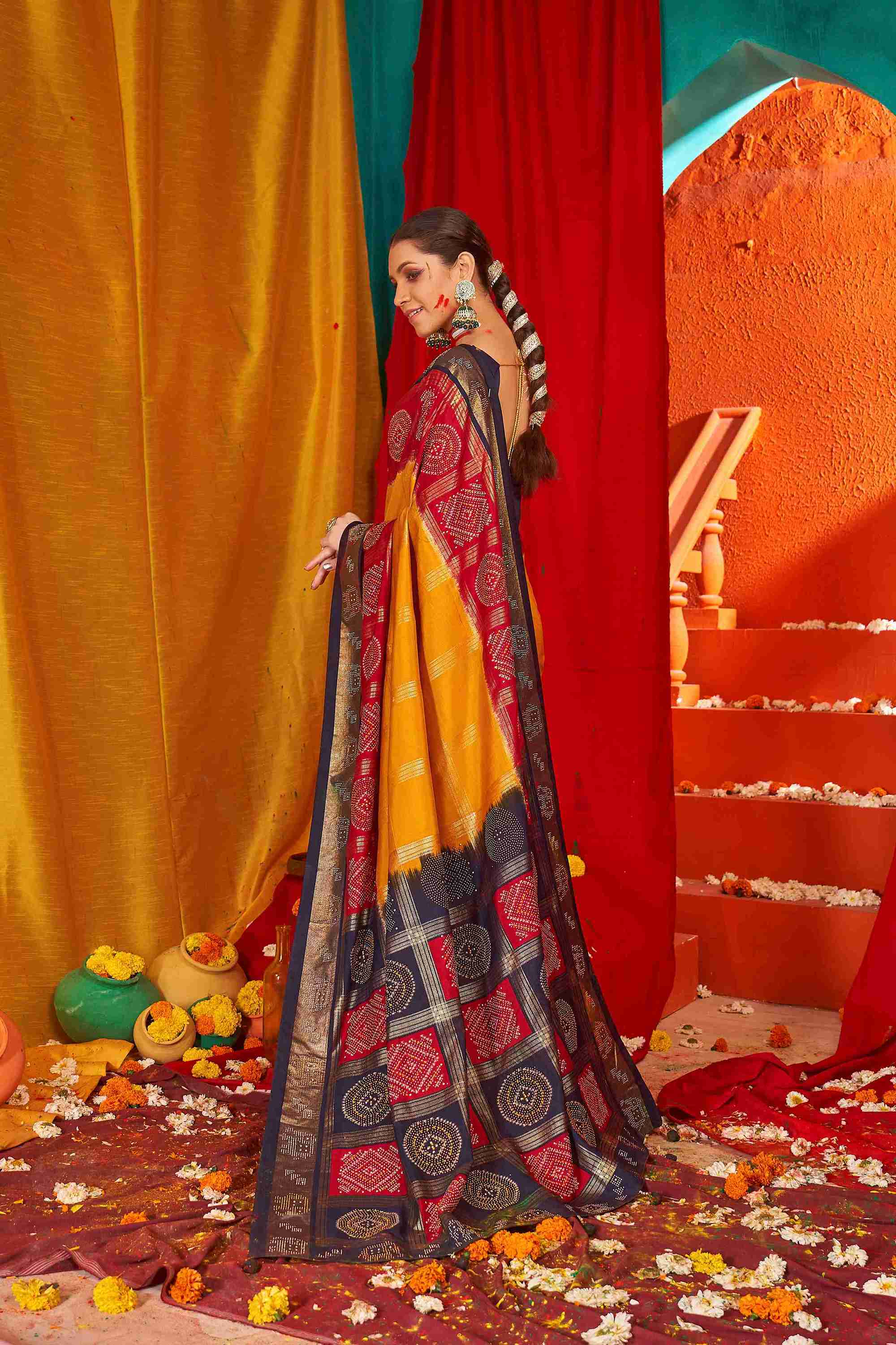 Gold Red Tussar Silk Swarovski Saree