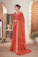 Venetian Red Chiffon Zigzag Printed Saree