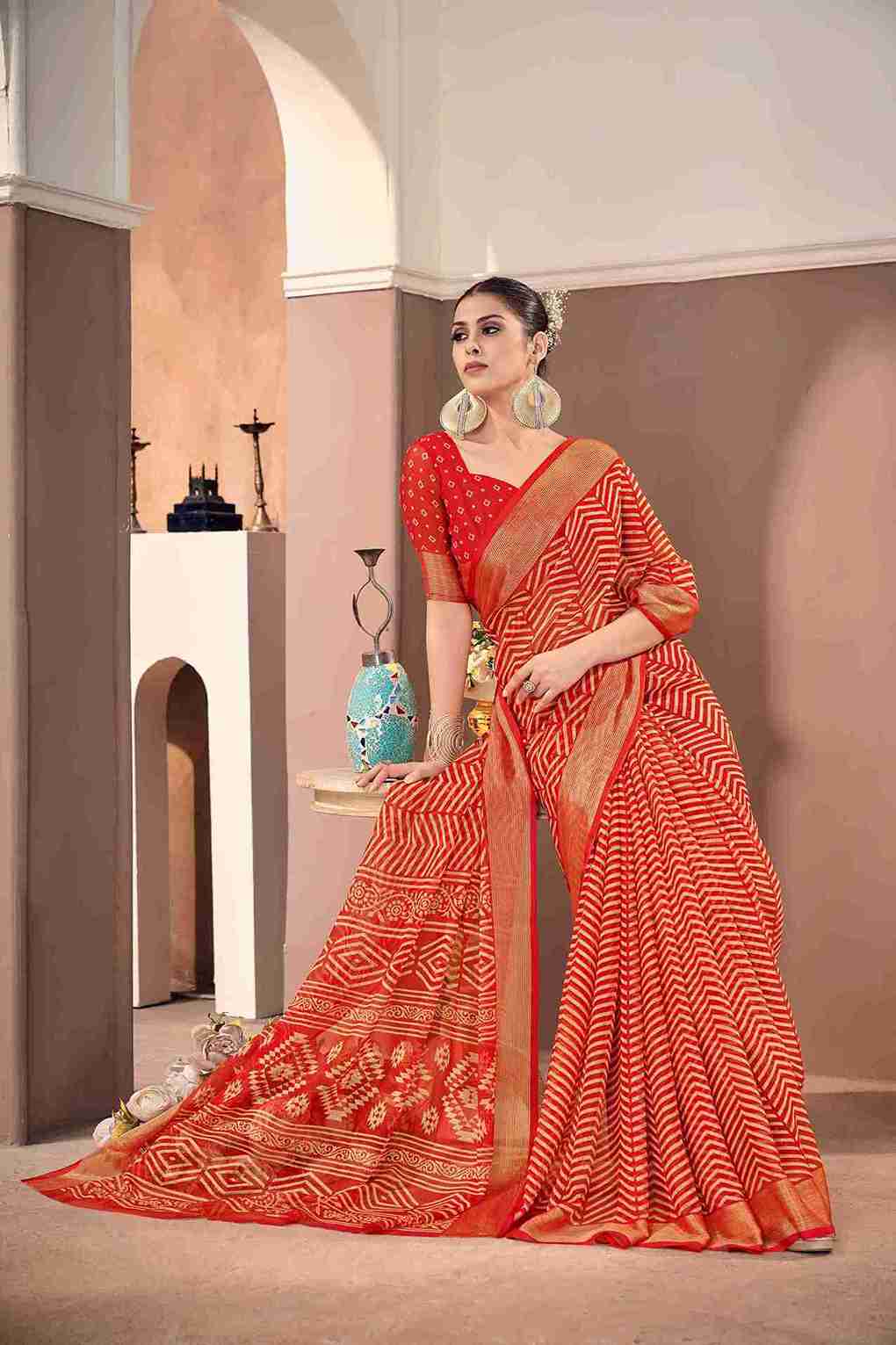 Venetian Red Chiffon Zigzag Printed Saree