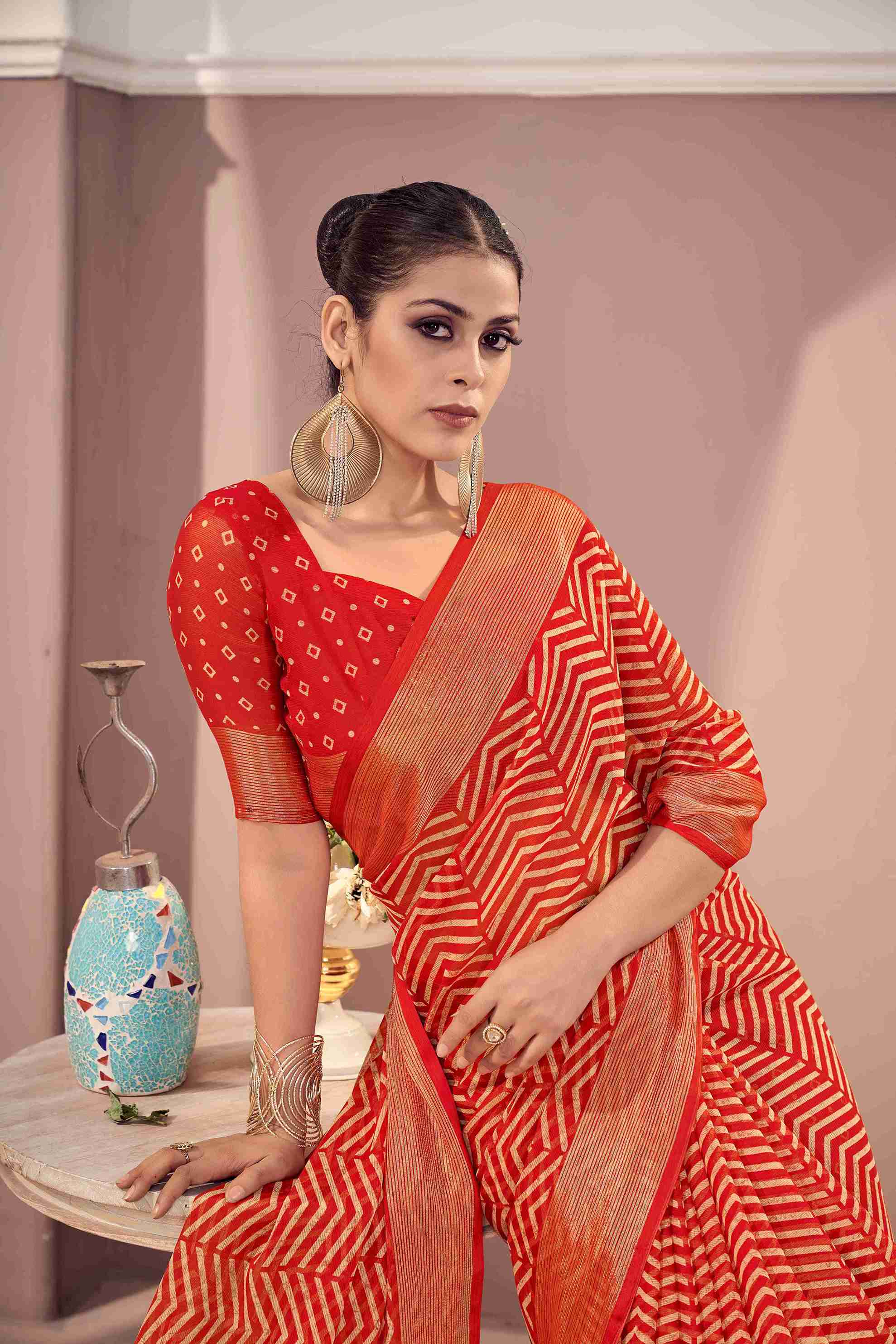 Venetian Red Chiffon Zigzag Printed Saree