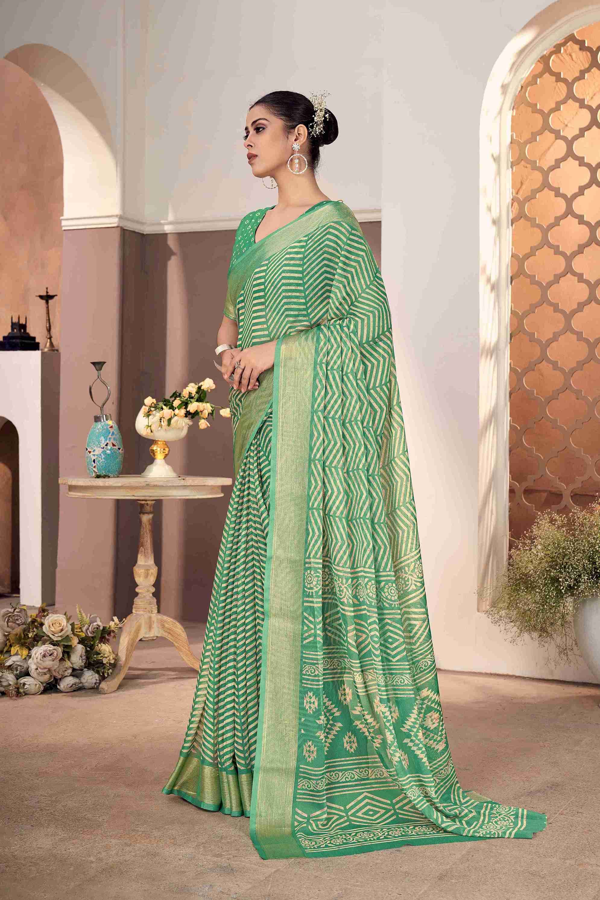 Sea Green Chiffon Zigzag Printed Saree