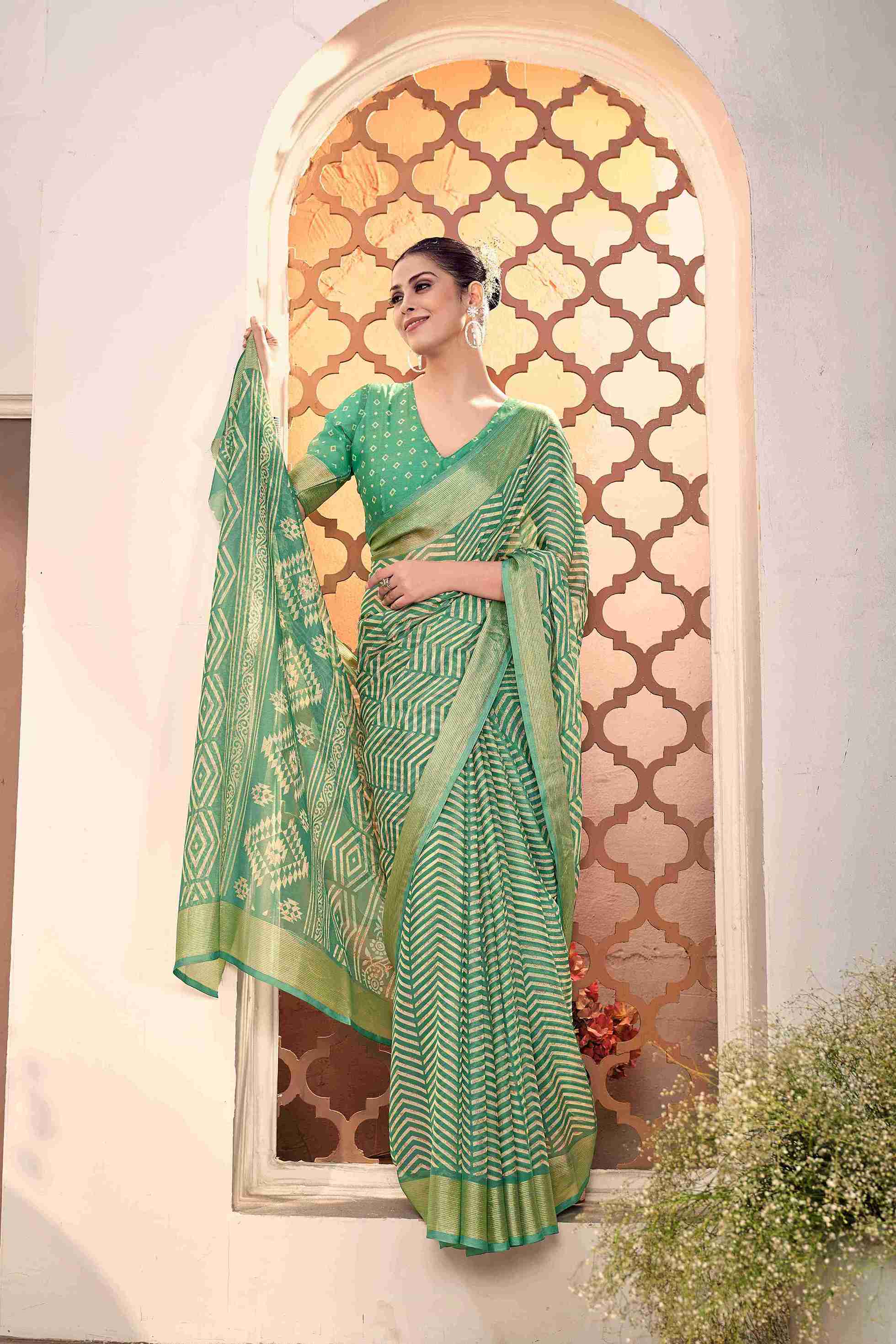 Sea Green Chiffon Zigzag Printed Saree