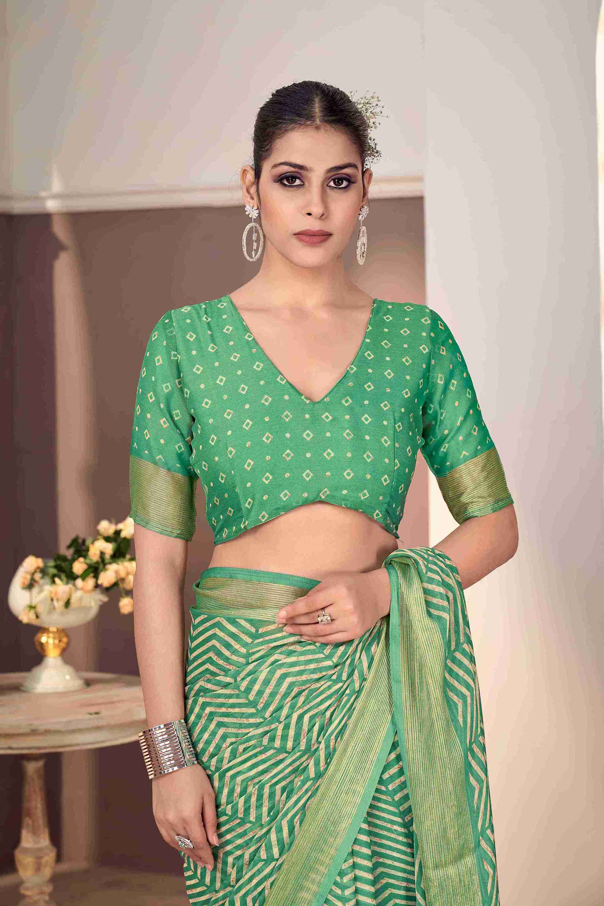 Sea Green Chiffon Zigzag Printed Saree