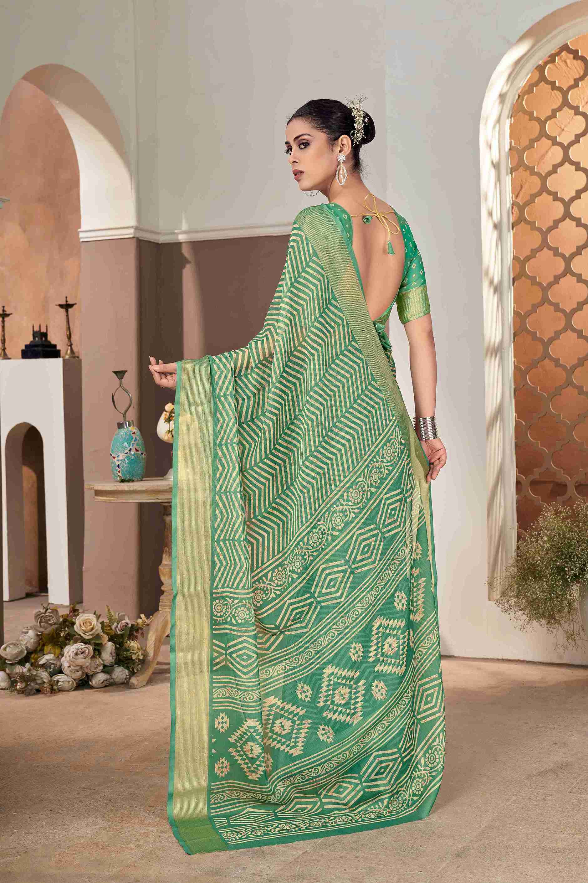 Sea Green Chiffon Zigzag Printed Saree